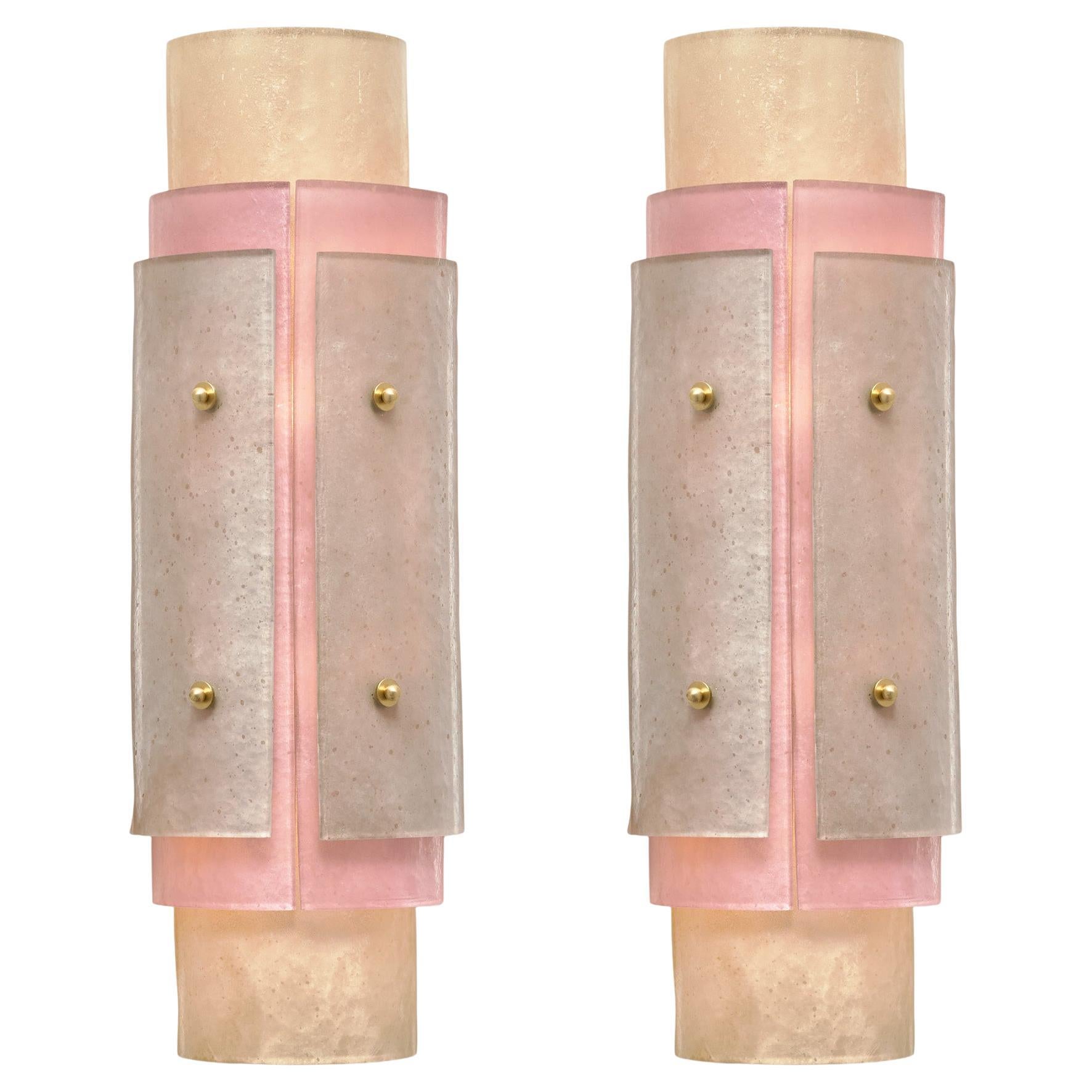 Layered Venetian Glass Sconces, Pink, Hand-Blown Glass, Murano, Italy