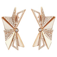 Layered White Cermaic Ribbon Design Earrings with Pave VS Diamonds