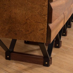 Layered Wood Sideboard with Unusual Blackened Metal and Brass Sculptural Base