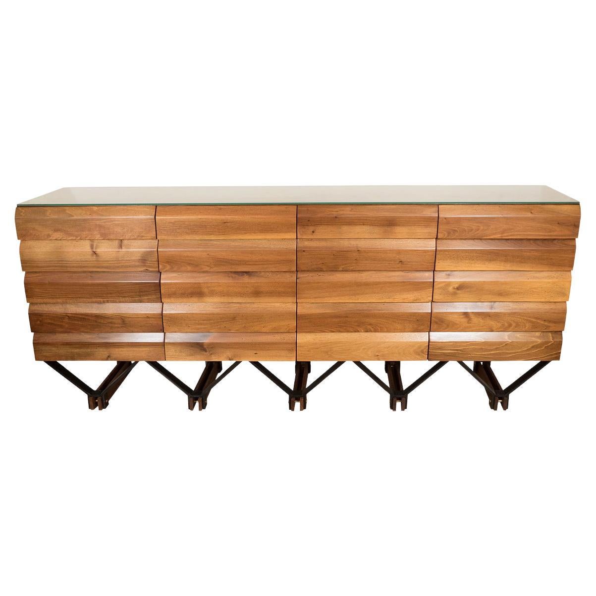 Layered Wood Sideboard with Unusual Blackened Metal and Brass Sculptural Base For Sale