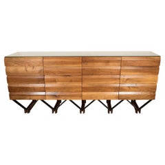 Layered Wood Sideboard with Unusual Blackened Metal and Brass Sculptural Base