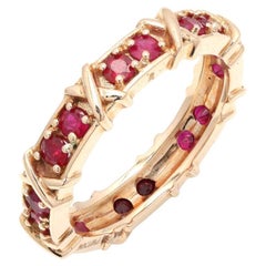 Layering 14K Solid Rose Gold Cross and Natural Ruby Eternity Band Ring