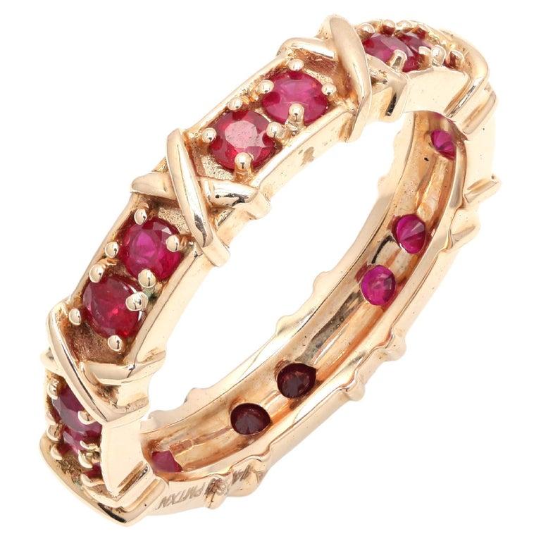 For Sale:  Layering 14K Solid Rose Gold Cross and Natural Ruby Eternity Band Ring 5