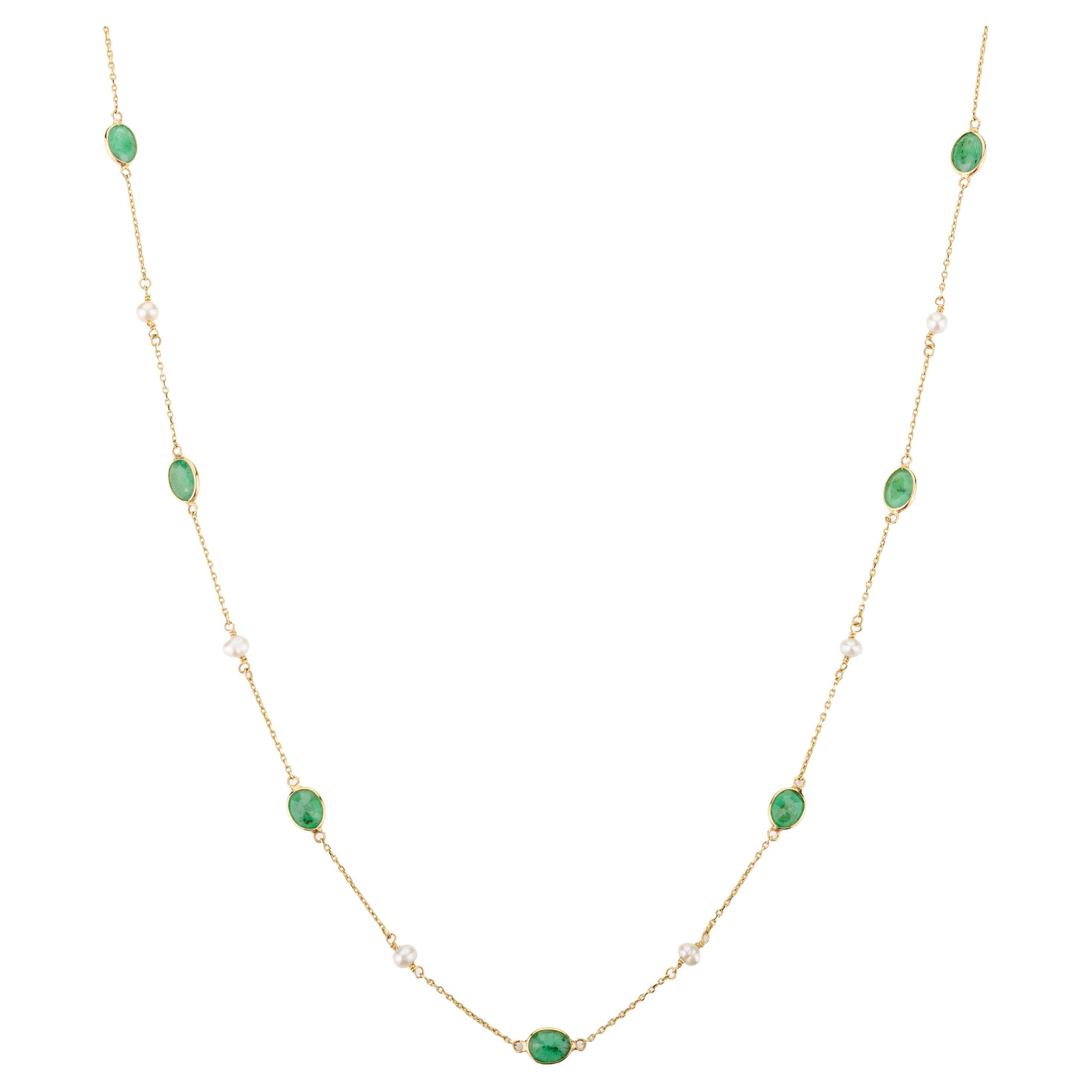 Layering Emerald Pearl Delicate Chain Necklace Gift for Mom in 18k Yellow Gold