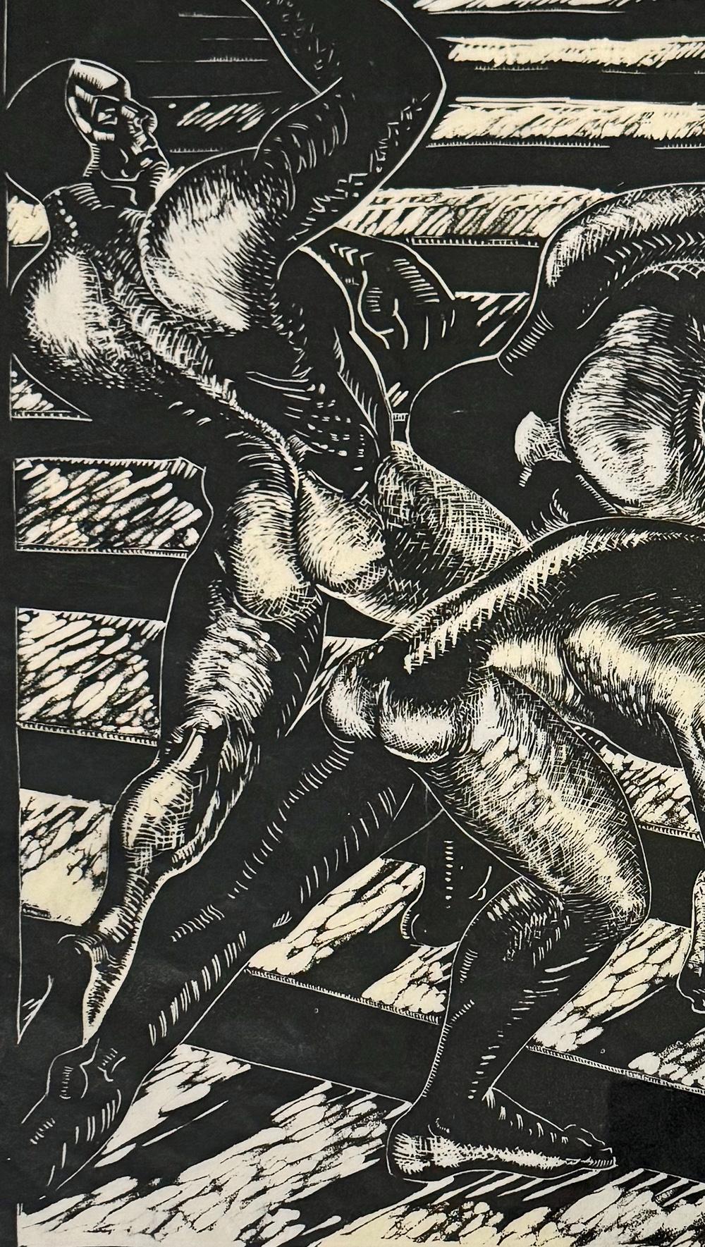 This remarkable -- perhaps unique -- woodblock print depicts a group of five nude male workers laying railroad track, their strong, muscled figures interlaced as they strive to move and set the ties.  The figures almost seem to be carrying out an