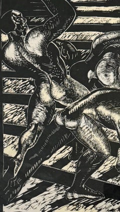 "Laying Track", WPA-Era Woodblock Print with Nude Male Workers by Ruegg