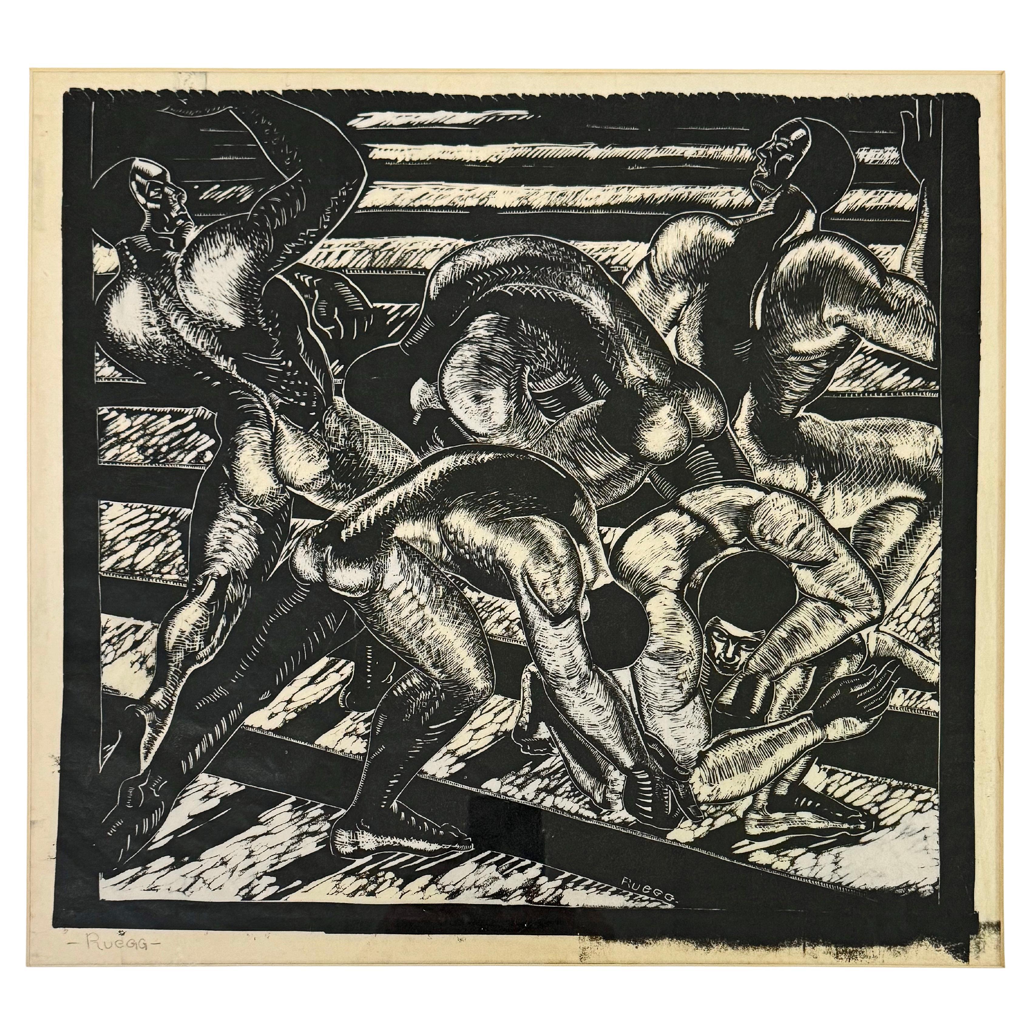 "Laying Track", WPA-Era Woodblock Print with Nude Male Workers by Ruegg
