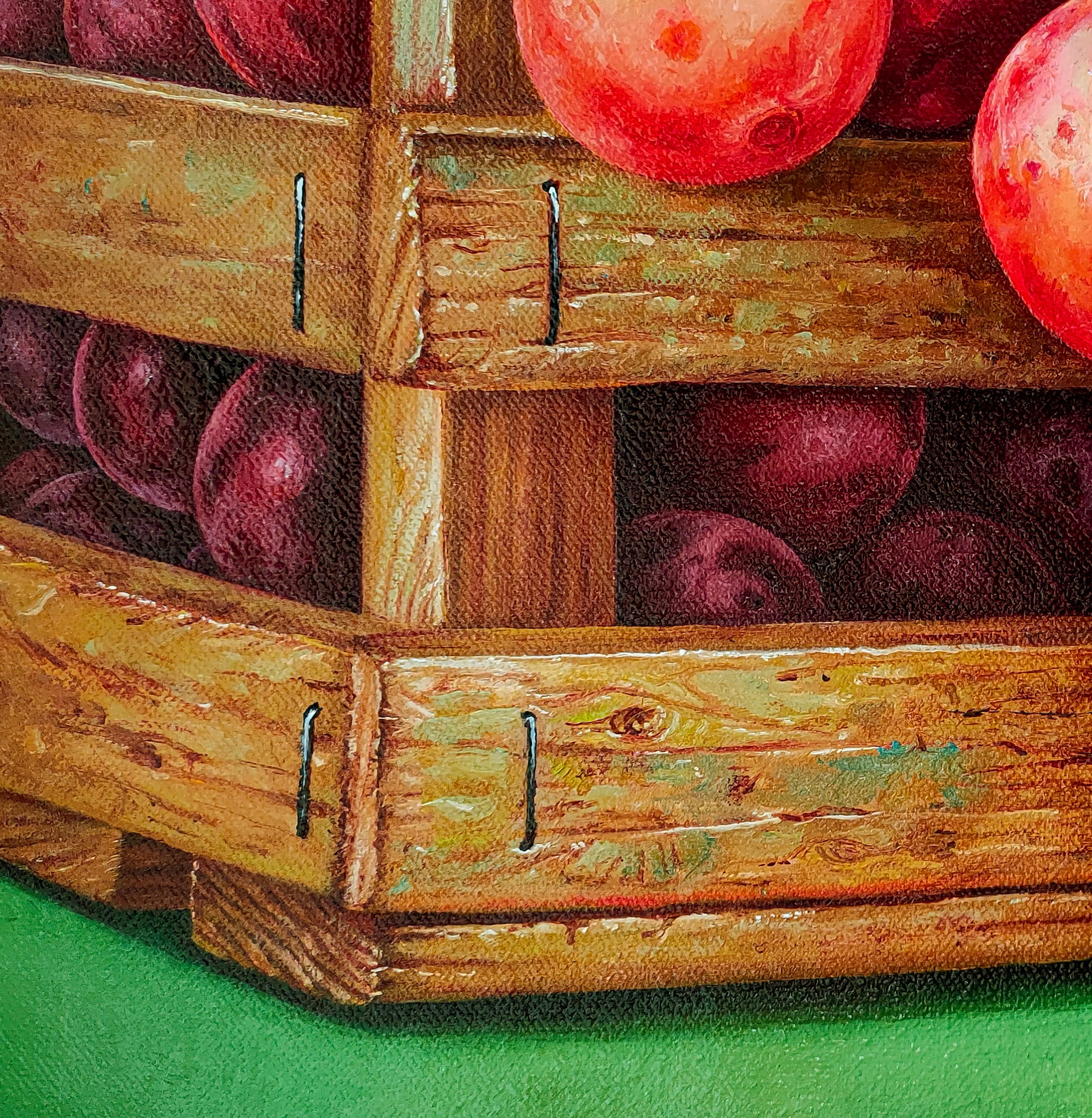 In this painting the arrangement of red grapes and red apples in a green background gives the impression that the perception of contradictions can be paired if arranged well.
