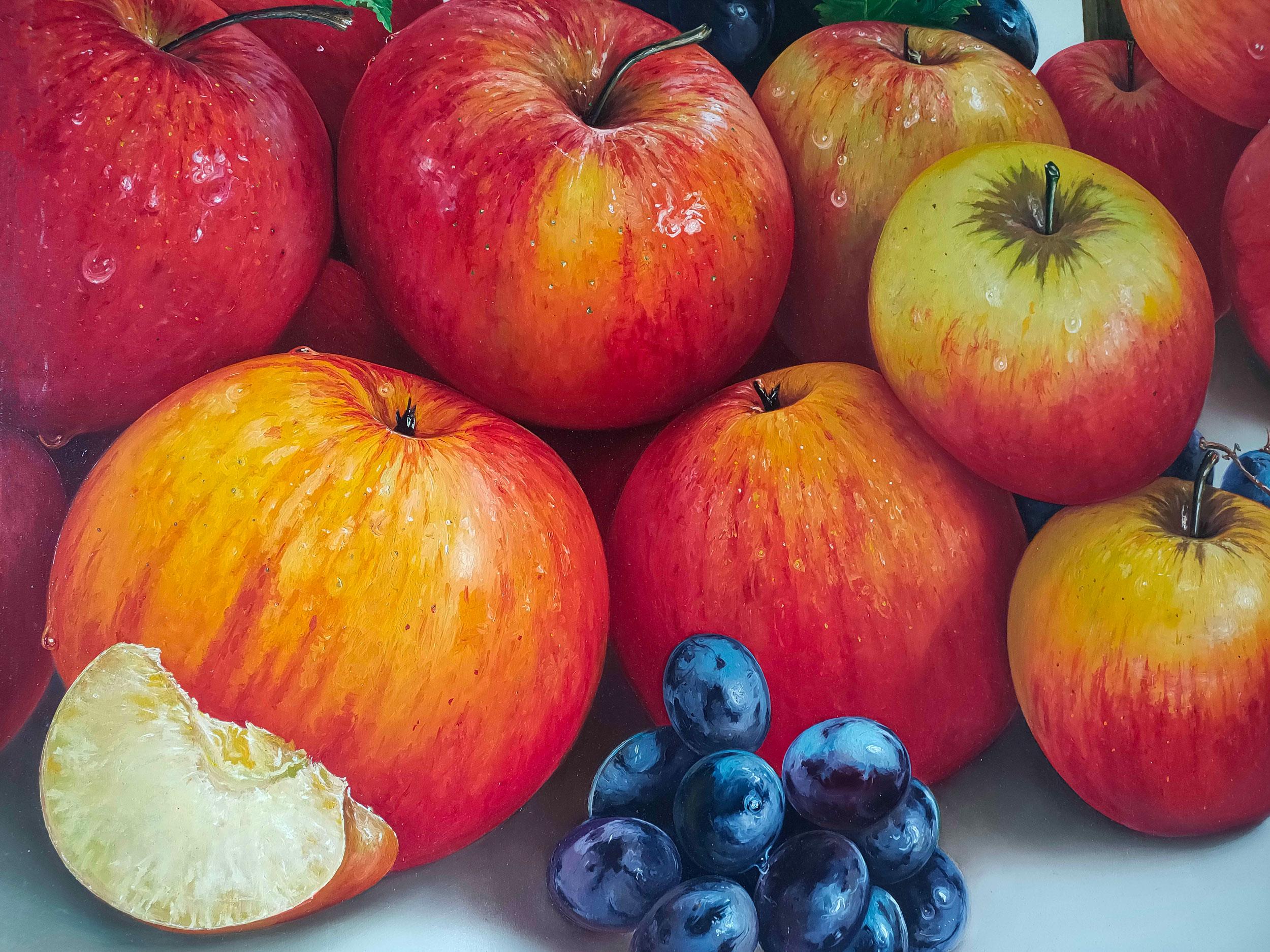 Red Apples Wooden Box - Brown Still-Life Painting by Layong Jingga Probo