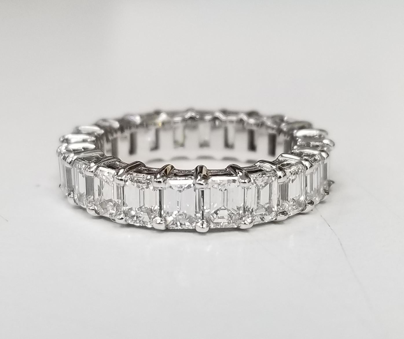 This beautiful Layout of emerald cut diamonds for an eternity ring is just waiting for you to decide on your ring.  Featuring 19 emerald cut diamonds set in 14k white gold weighing 6.07carats. These spectacular diamonds are G in color, VS1-2 