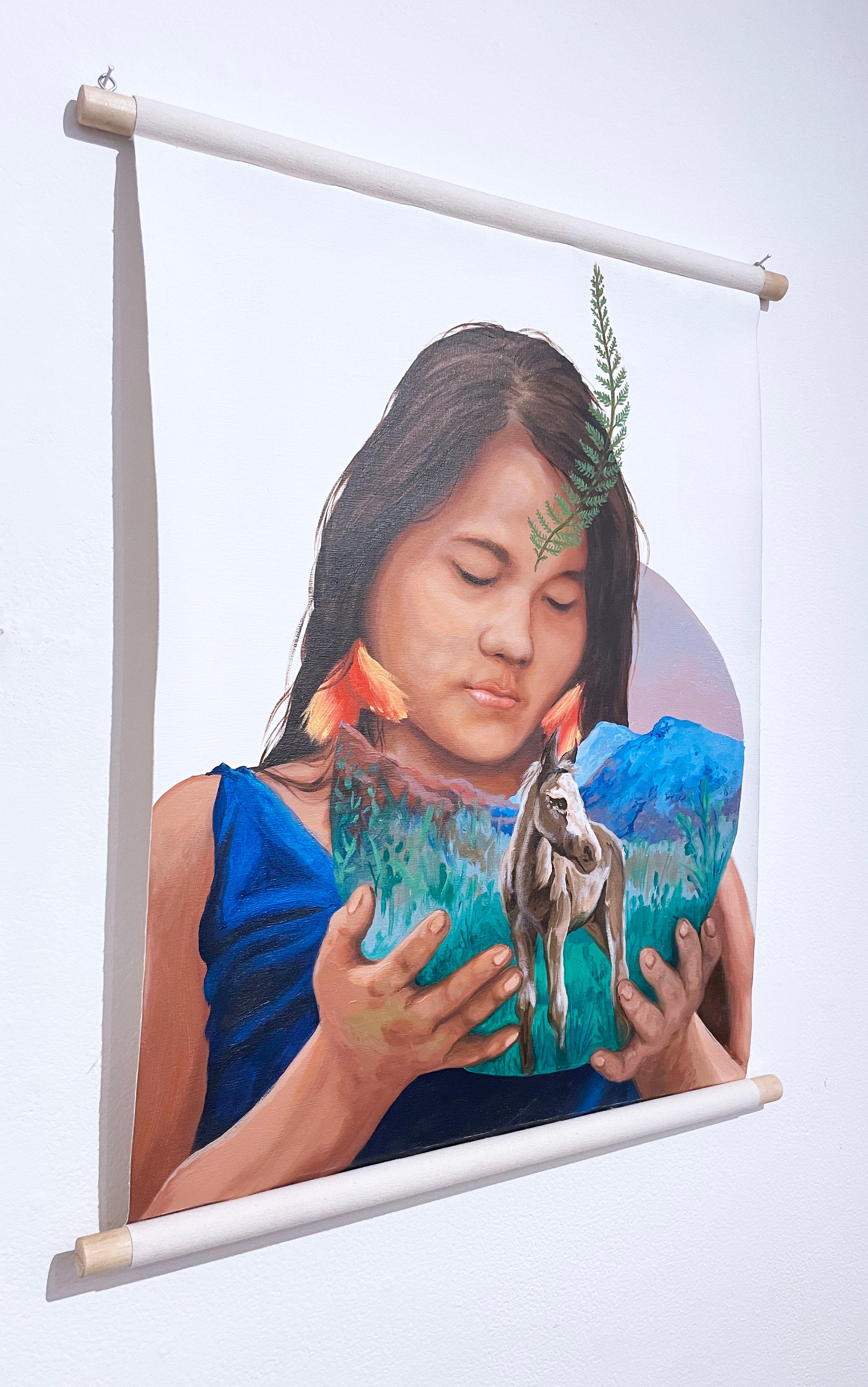 Mirada la Tierra (2018) von LNY, Ölgemälde, Porträt einer Jugend, eines Pferdes, Erde – Painting von Layqa Nuna Yawar