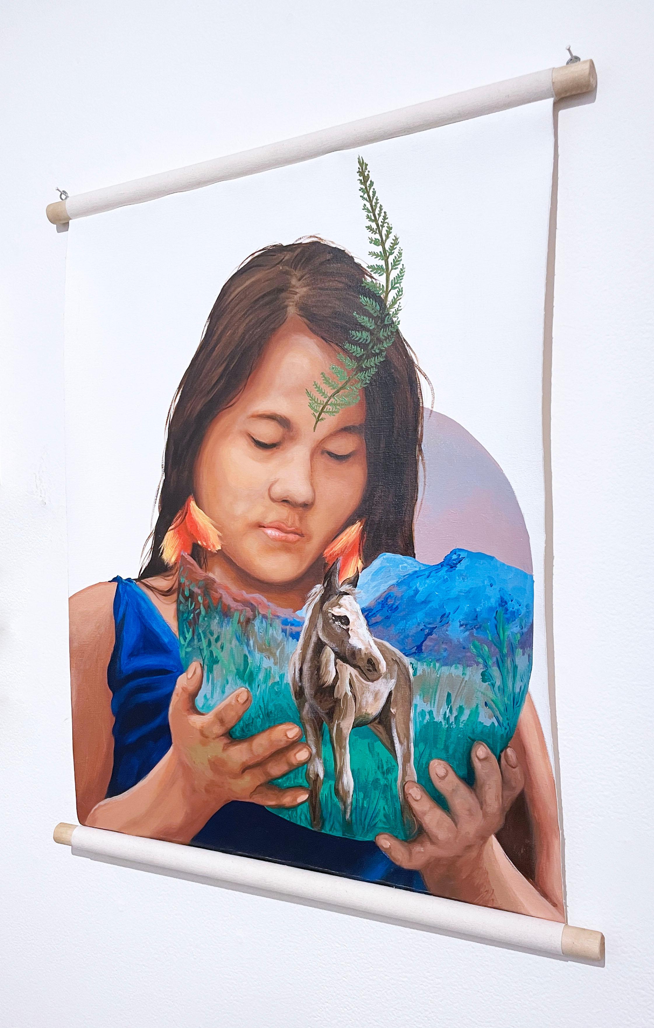 Mirada la Tierra (2018) par LNY, peinture à l'huile portrait de jeune fille, cheval, terre - Art urbain Painting par Layqa Nuna Yawar
