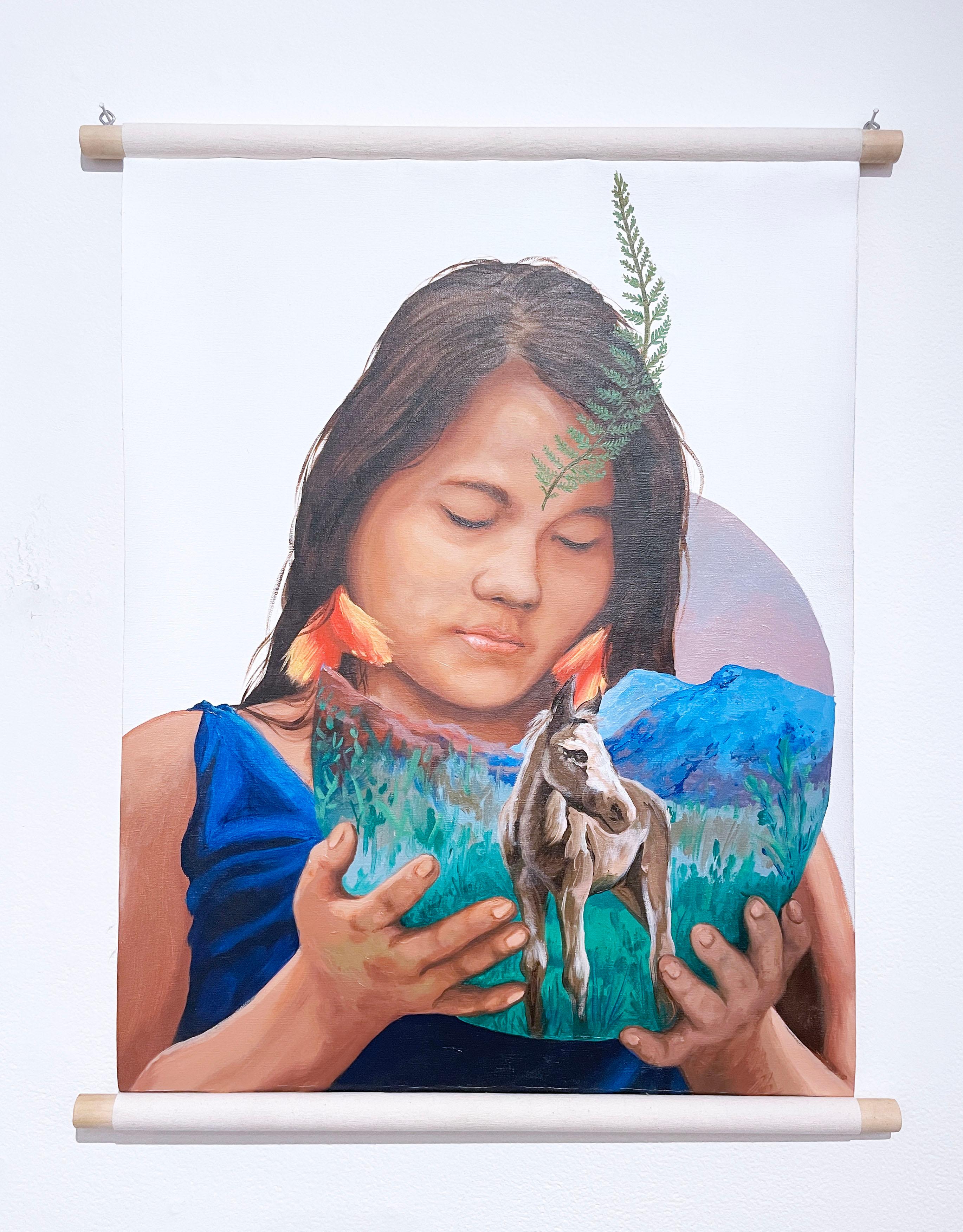 Portrait Painting Layqa Nuna Yawar - Mirada la Tierra (2018) par LNY, peinture à l'huile portrait de jeune fille, cheval, terre