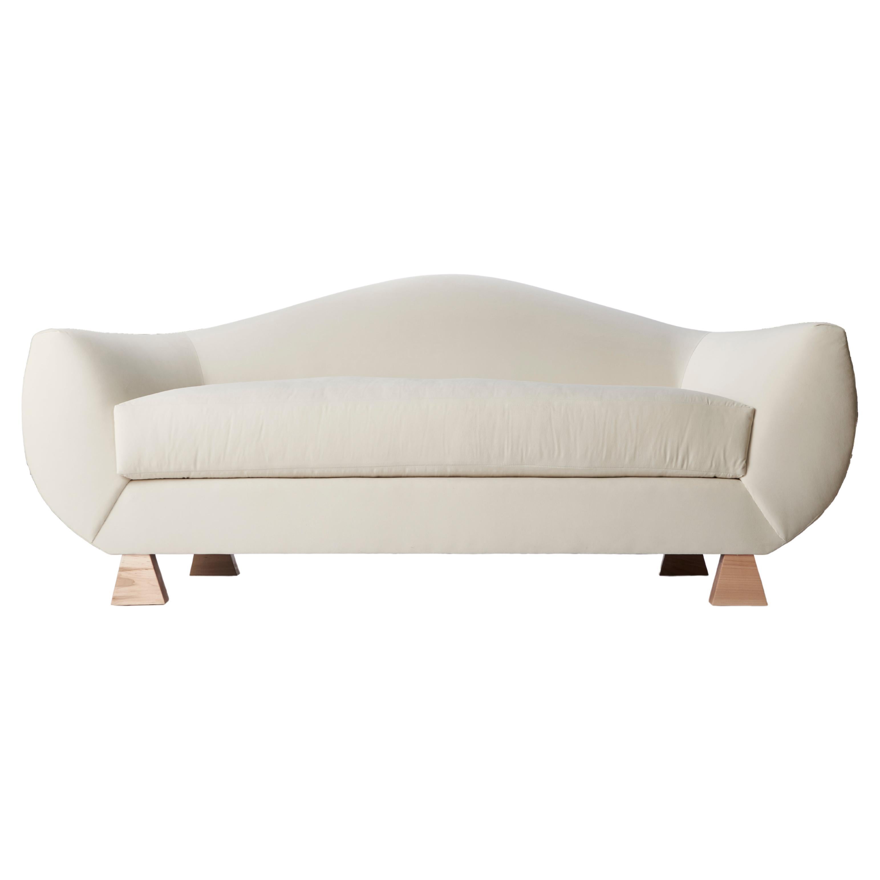 Layton Curve Sofa, Velvet & Natural Wood Sofa by Christian Siriano For Sale