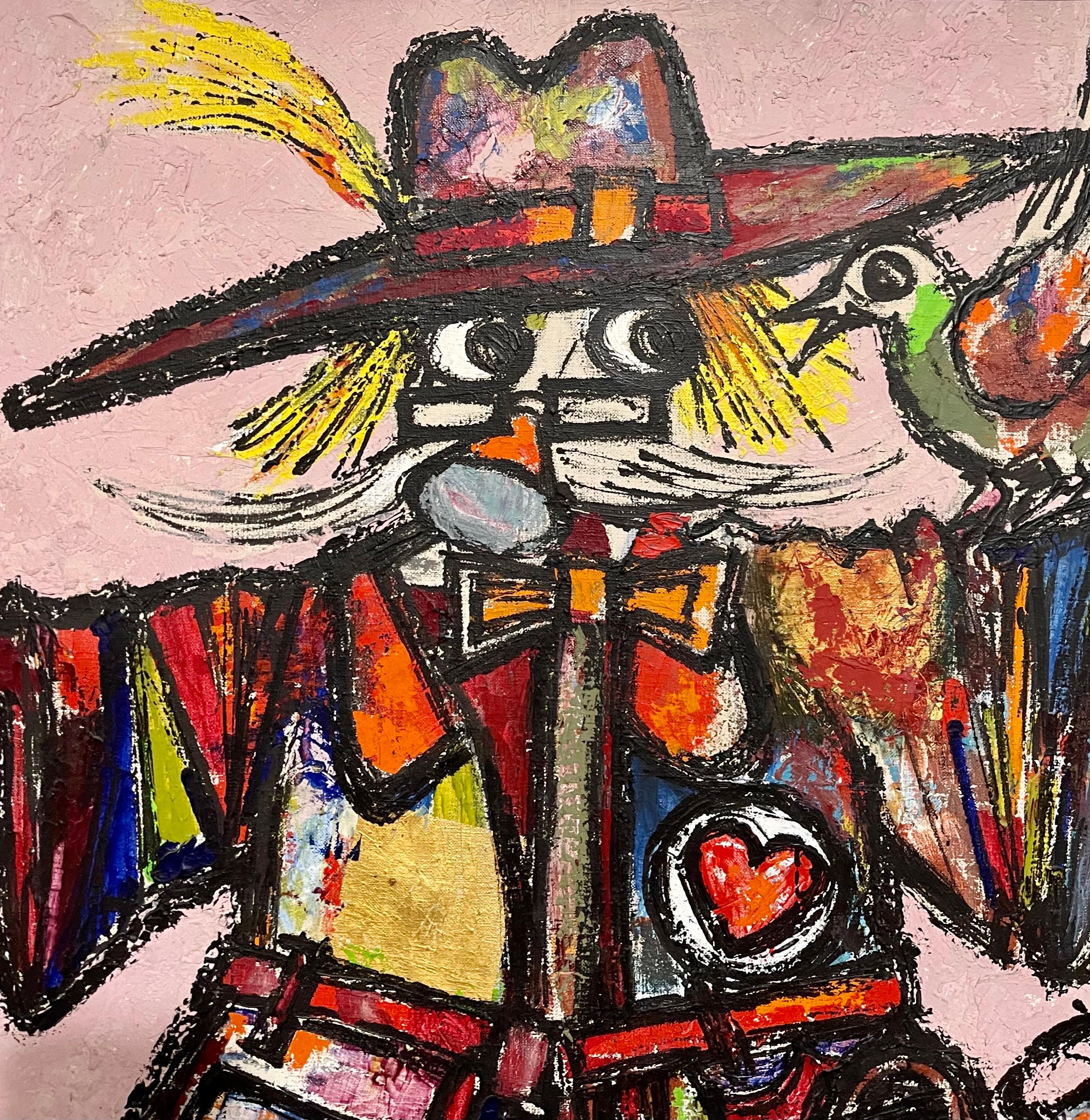 Grande peinture à l'huile d'art populaire européen naïf Lazar Obican épouvantail français clown en vente 1
