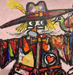 Large Naive European Folk Art Oil Painting Lazar Obican French Scarecrow Clown