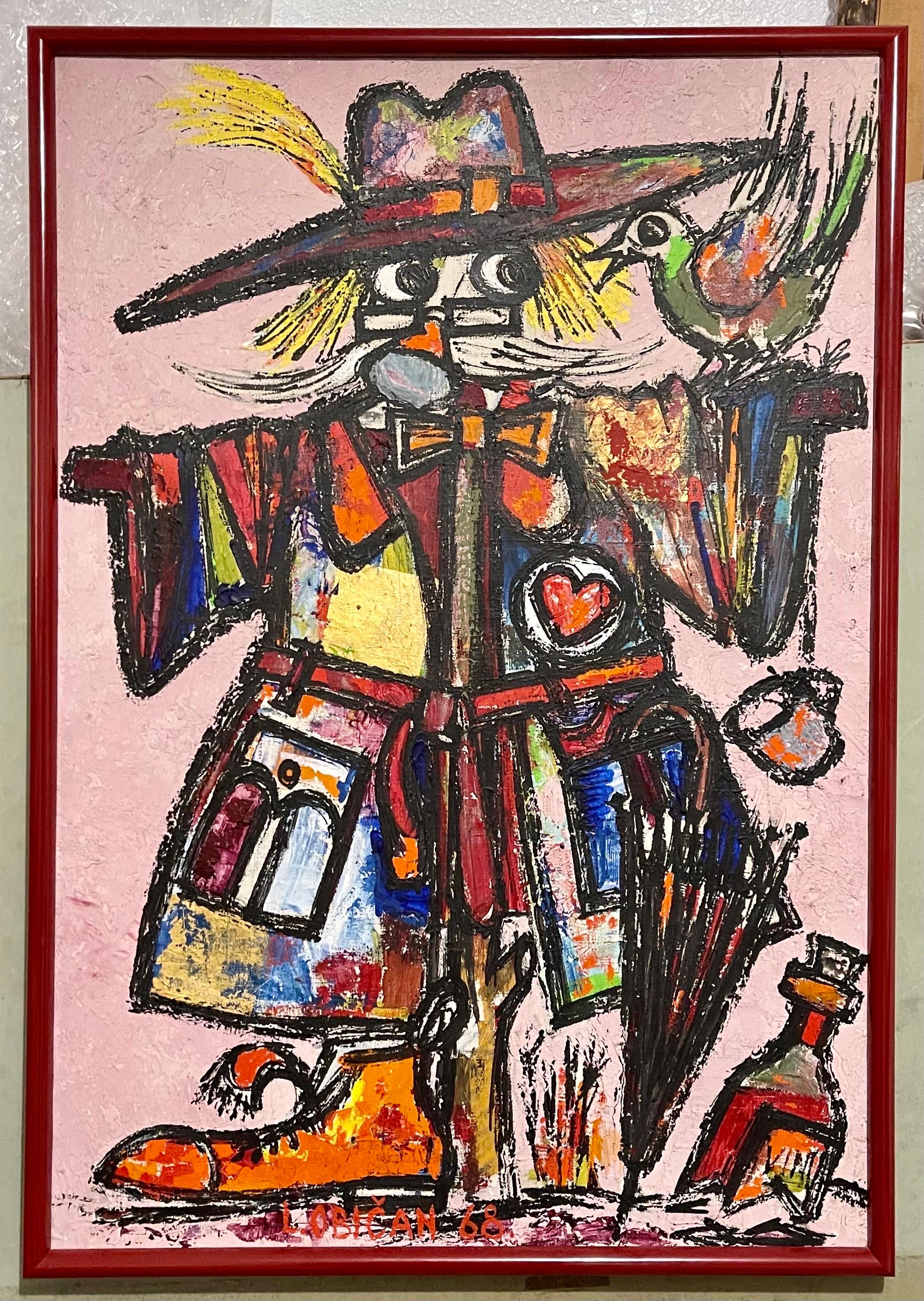 Grande peinture à l'huile d'art populaire européen naïf Lazar Obican épouvantail français clown en vente 2