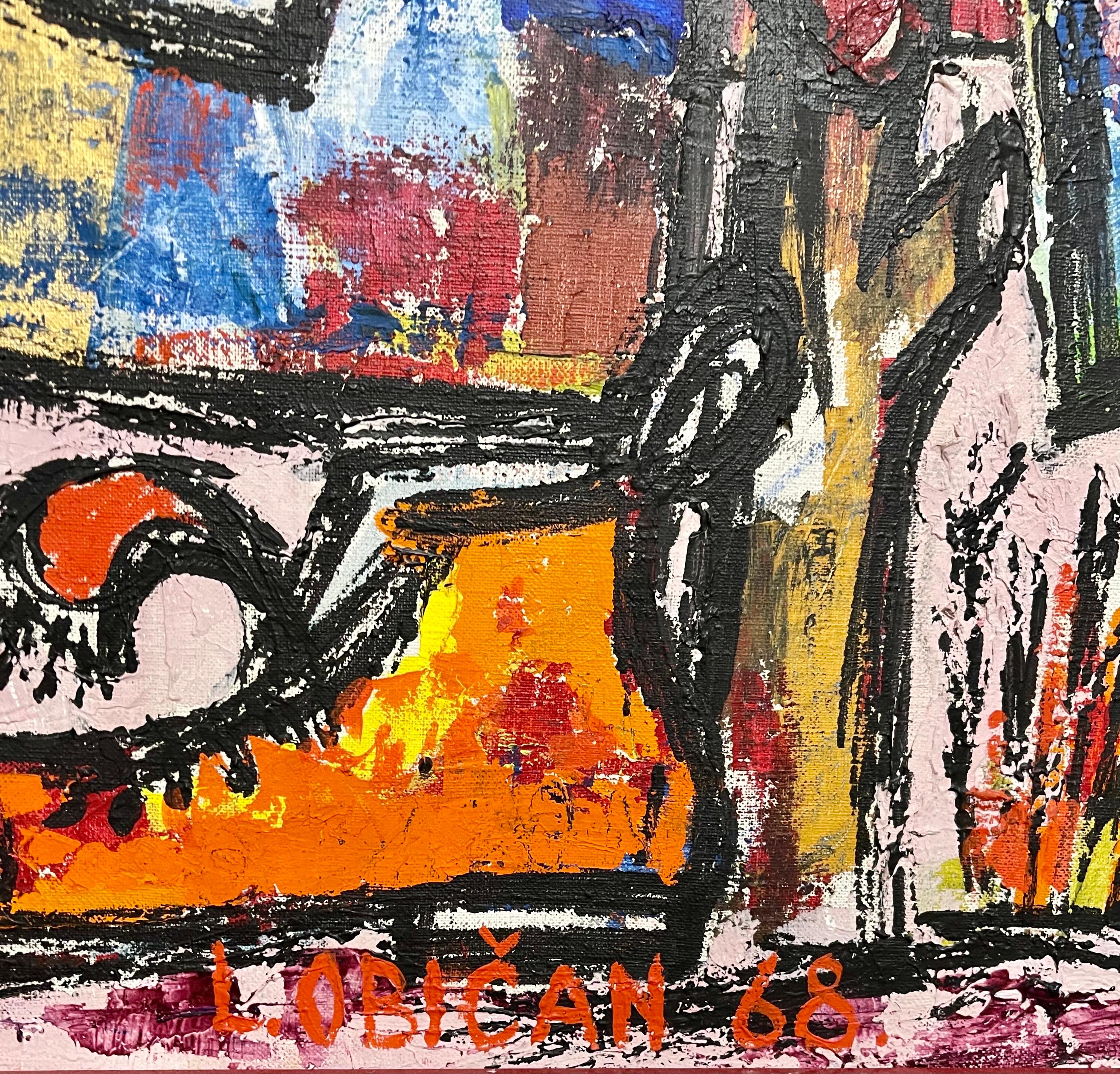 Grande peinture à l'huile d'art populaire européen naïf Lazar Obican épouvantail français clown en vente 3