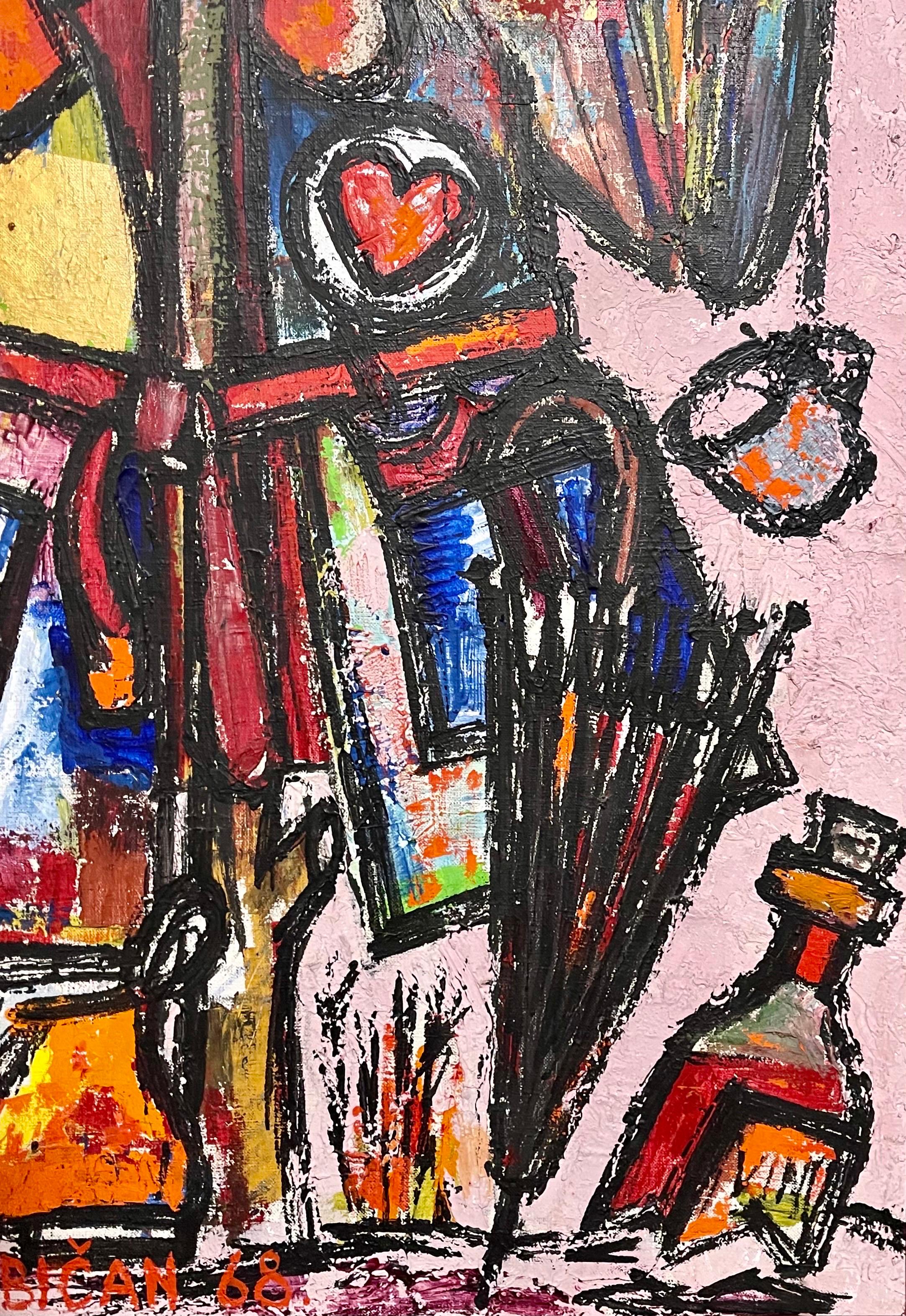 Grande peinture à l'huile d'art populaire européen naïf Lazar Obican épouvantail français clown en vente 4