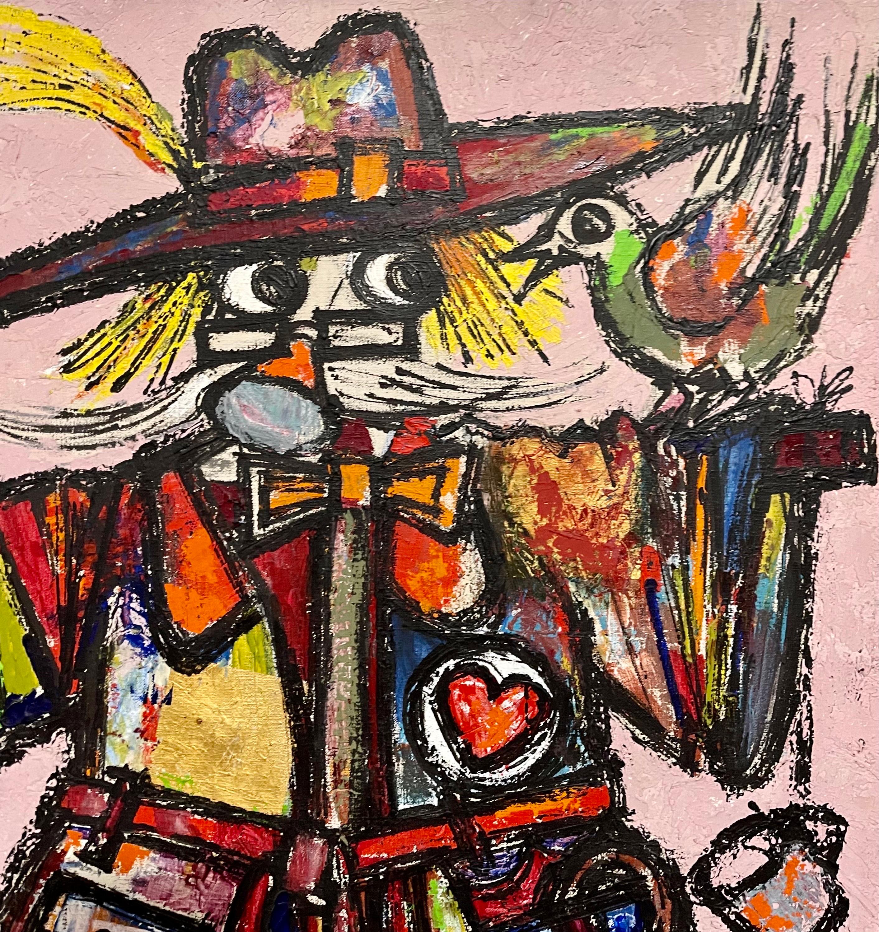 Grande peinture à l'huile d'art populaire européen naïf Lazar Obican épouvantail français clown en vente 5