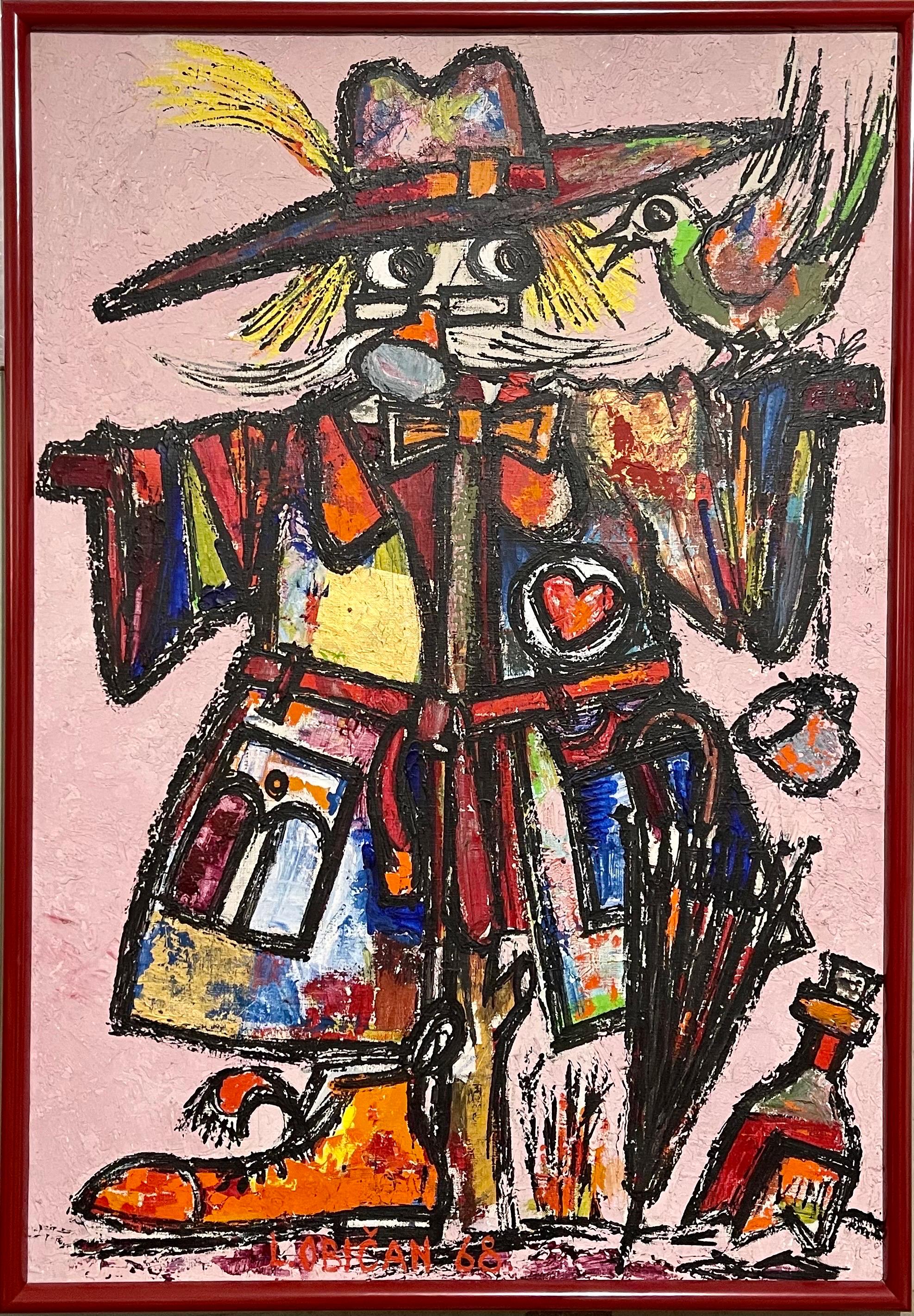 Grande peinture à l'huile d'art populaire européen naïf Lazar Obican épouvantail français clown