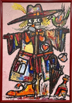 Large Naive European Folk Art Oil Painting Lazar Obican French Scarecrow Clown