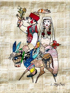Vintage Naive European French Folk Art Jovan Lazar Obican Tapestry Wall Hanging Weaving