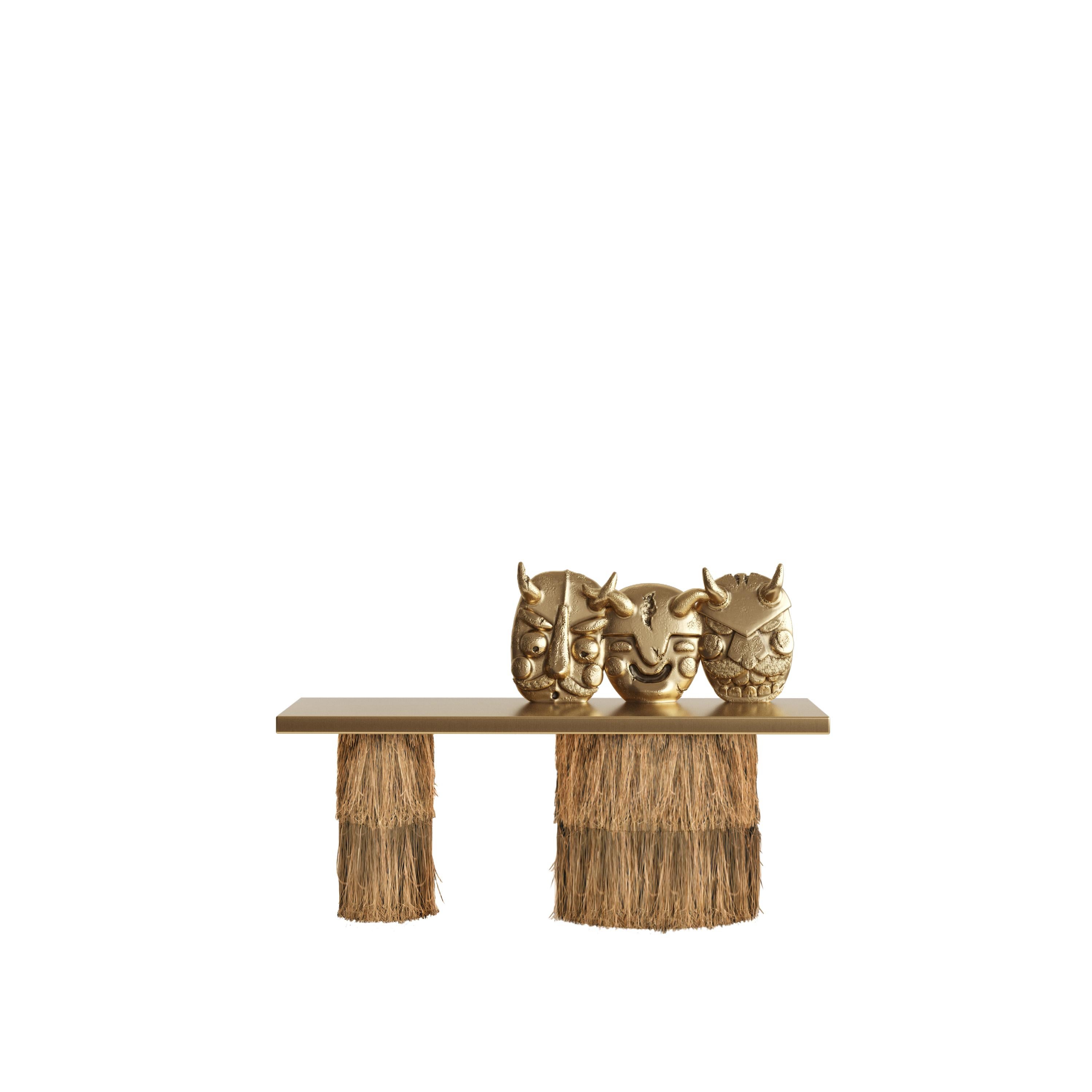 Lazarim Bench by Andre Teoman Studio
Dimensions: W 110 x D 40 x H 45 cm
Materials: Bronze, Rafia

Introducing the Lazarim Collection, a tribute to one of Portugal's most traditional carnivals and its iconic Caretos masks. Celebrating the Entrudo,