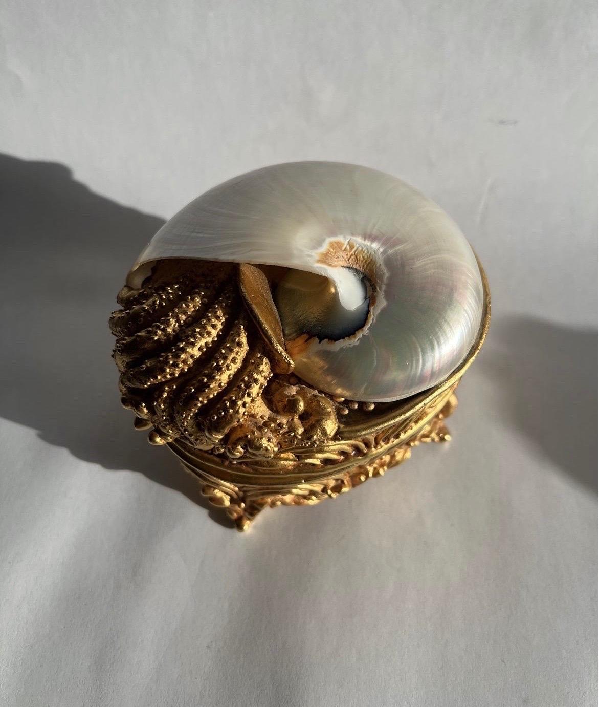 Commode/boîte à bijoux Lazaro Diaz en étain doré et coquillage de Nautilus Bon état - En vente à Atlanta, GA
