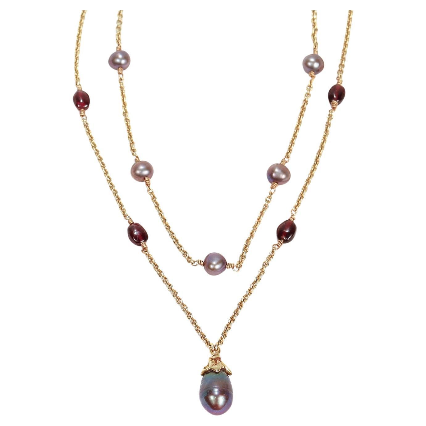 Round Cut Lazaro Diaz Layered Double Chain 18k Gold, Amethyst, & Tahitian Pearl Necklace For Sale