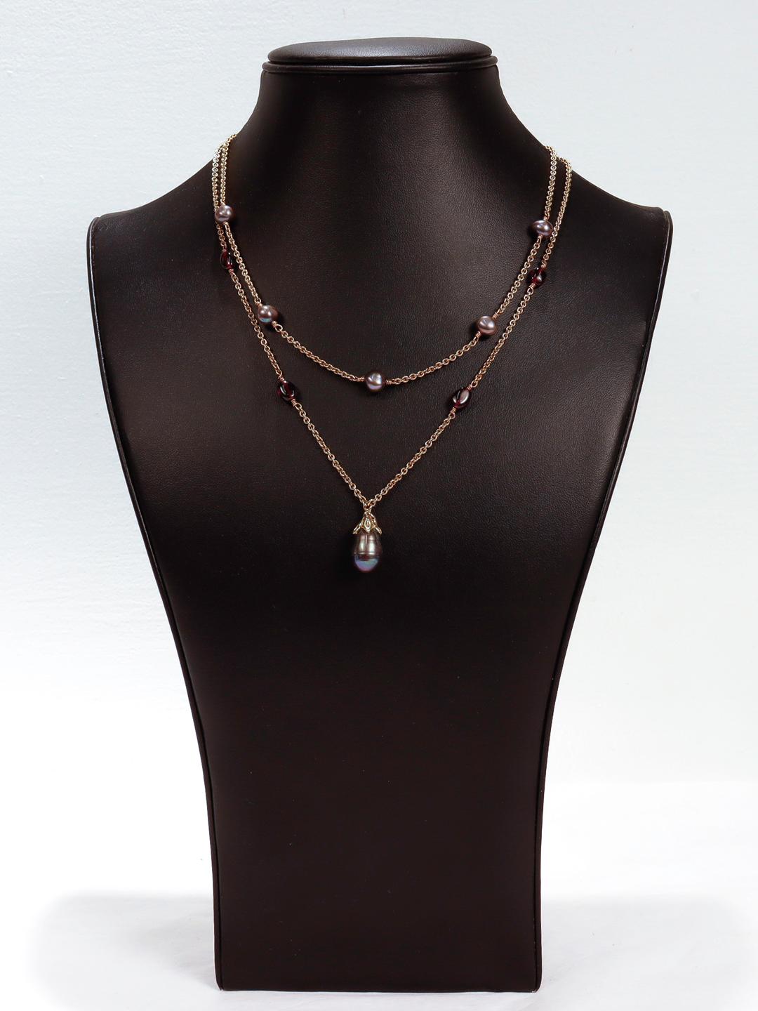 Women's Lazaro Diaz Layered Double Chain 18k Gold, Amethyst, & Tahitian Pearl Necklace For Sale