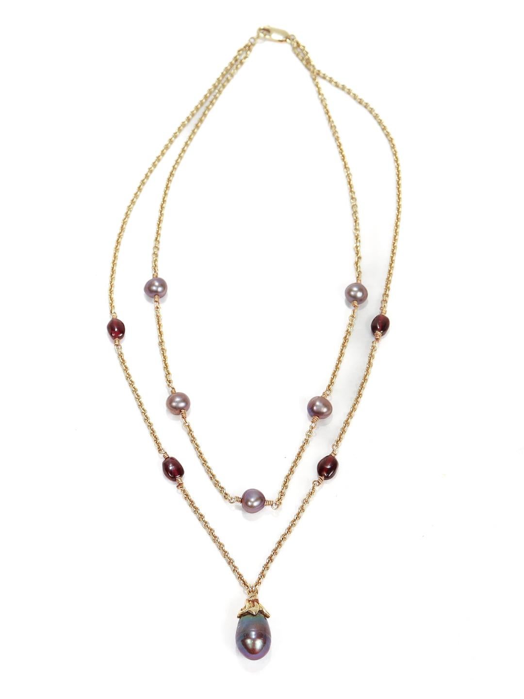 Lazaro Diaz Layered Double Chain 18k Gold, Amethyst, & Tahitian Pearl Necklace For Sale 2