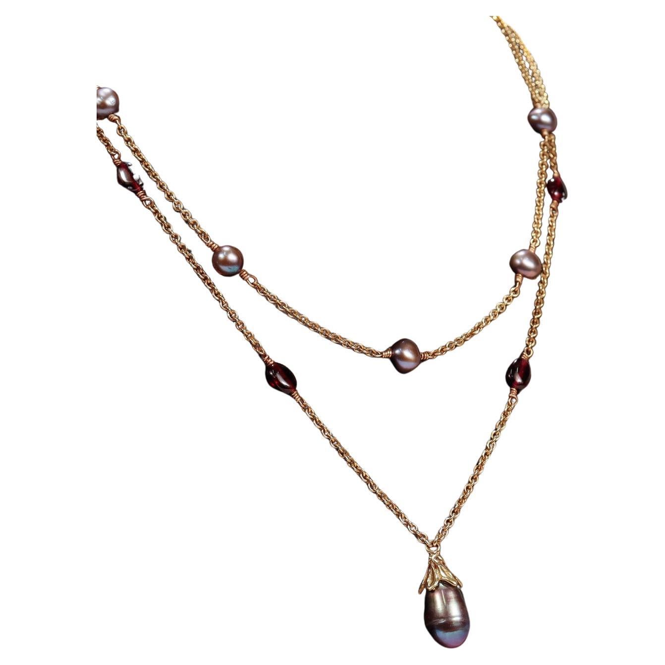 Lazaro Diaz Layered Double Chain 18k Gold, Amethyst, & Tahitian Pearl Necklace For Sale