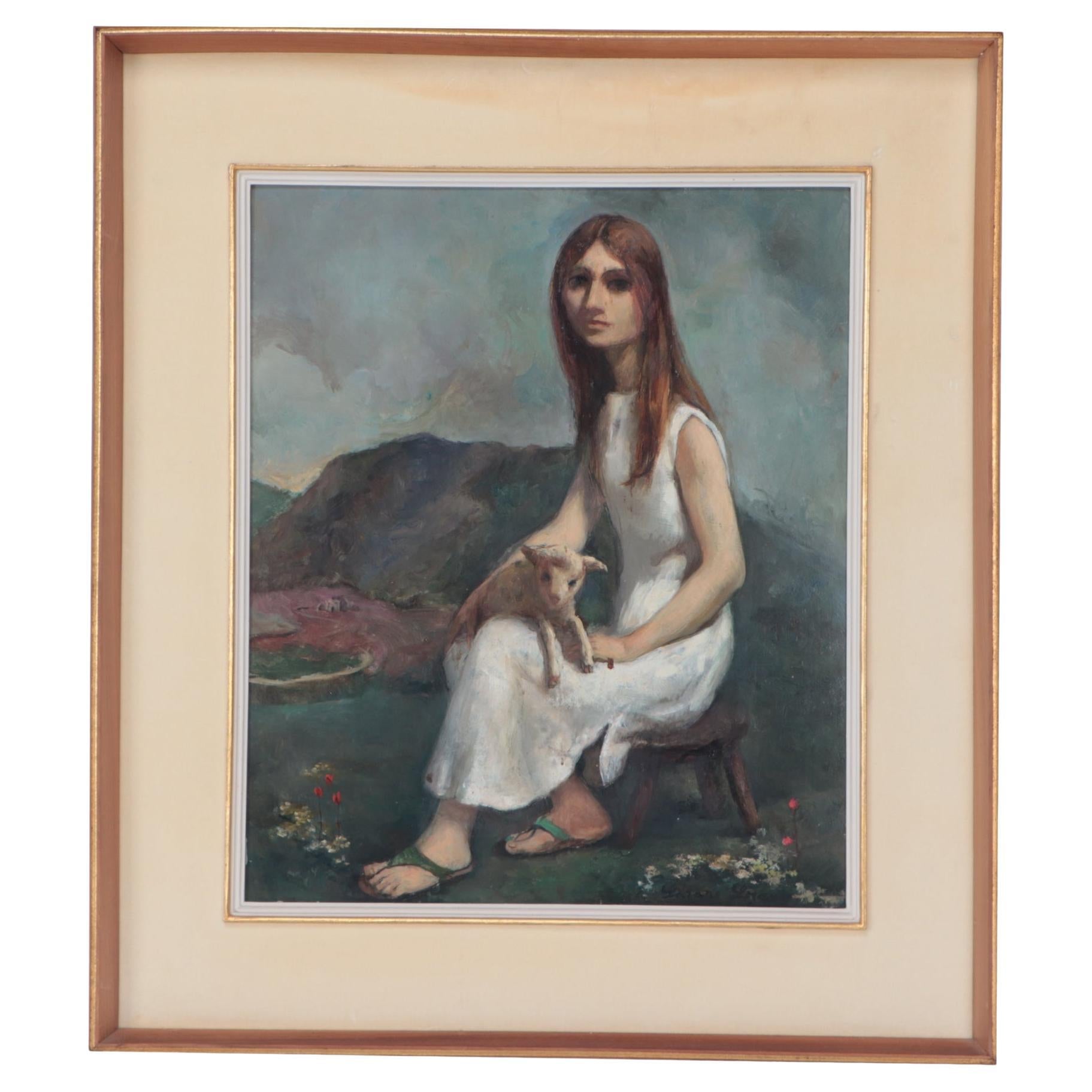 Lazaro Lozano, Woman with Goat, Oil on Masonite For Sale