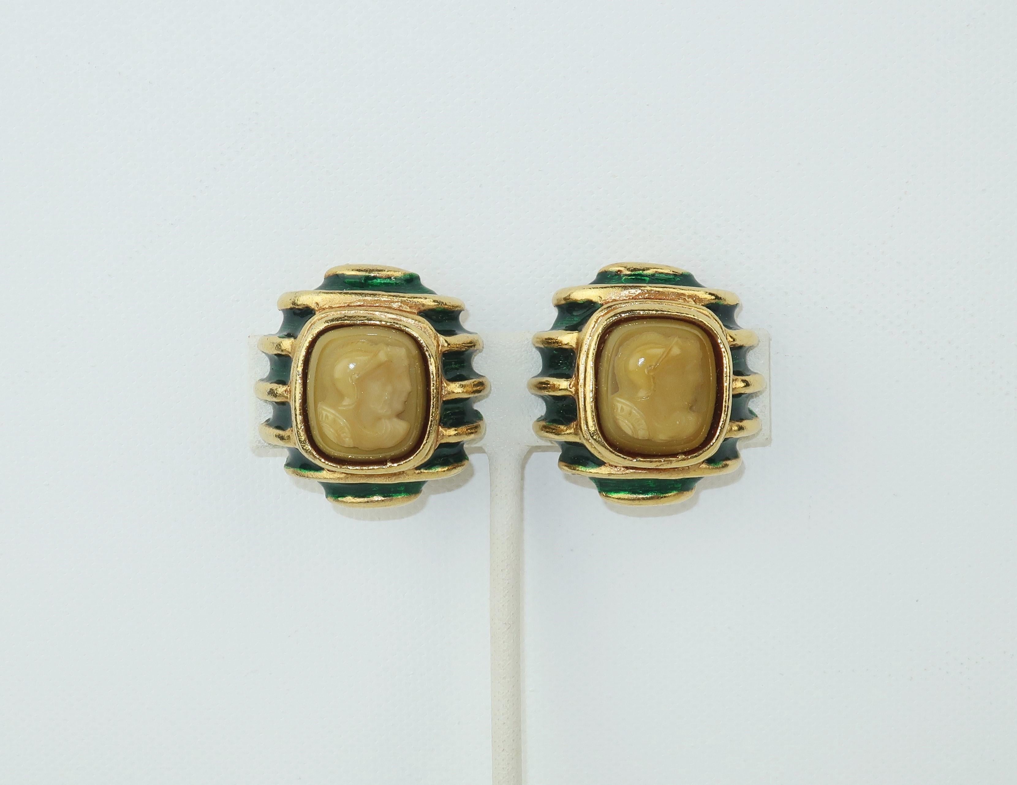 Lazaro NY Neoclassical Gold Green Enamel & Cameo Earrings 6
