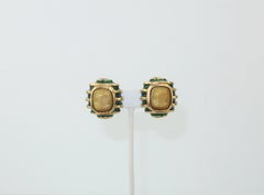 Lazaro NY Neoclassical Gold Green Enamel & Cameo Earrings