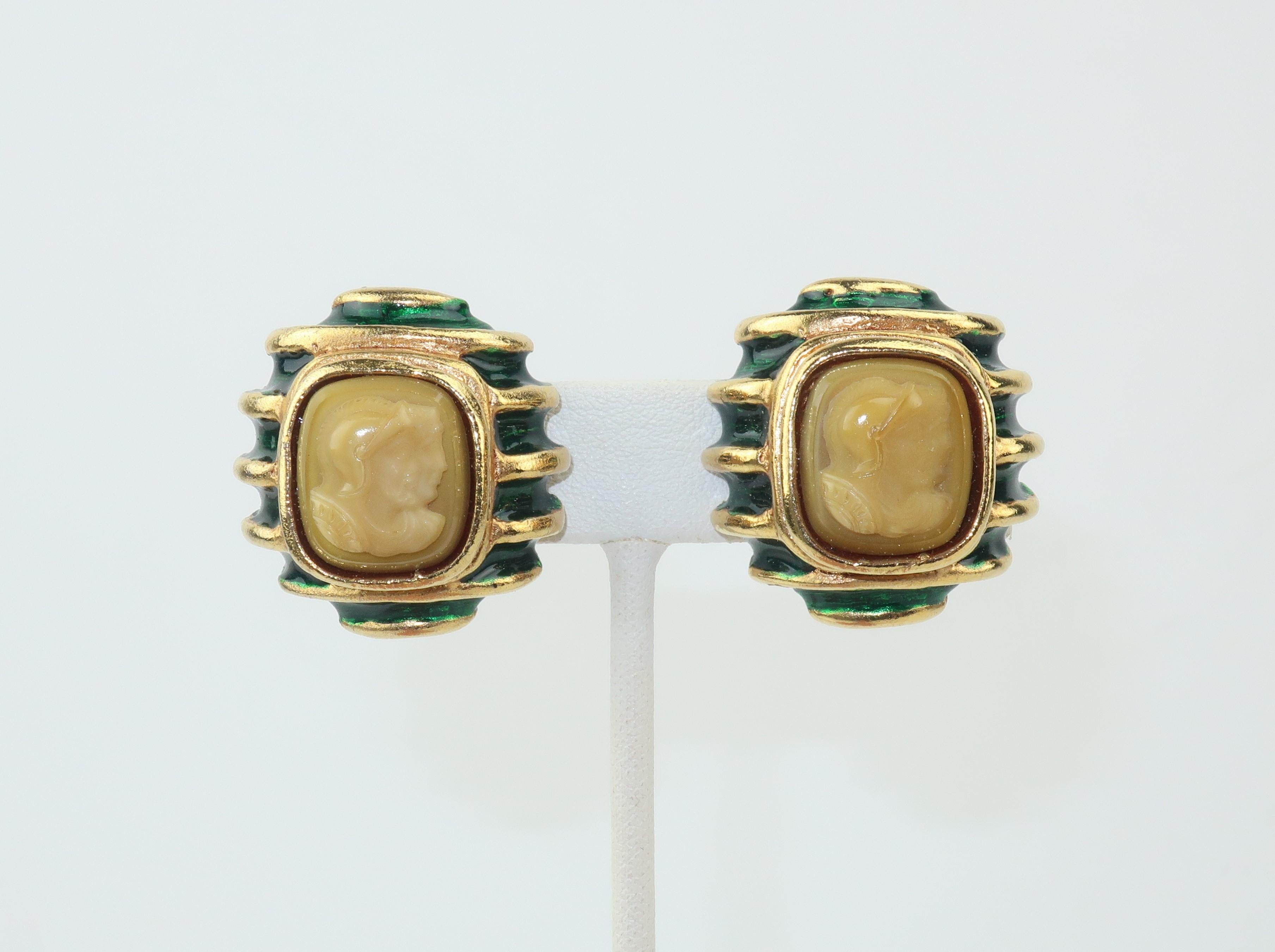 Lazaro NY Neoclassical Gold Green Enamel & Cameo Earrings In Good Condition In Atlanta, GA