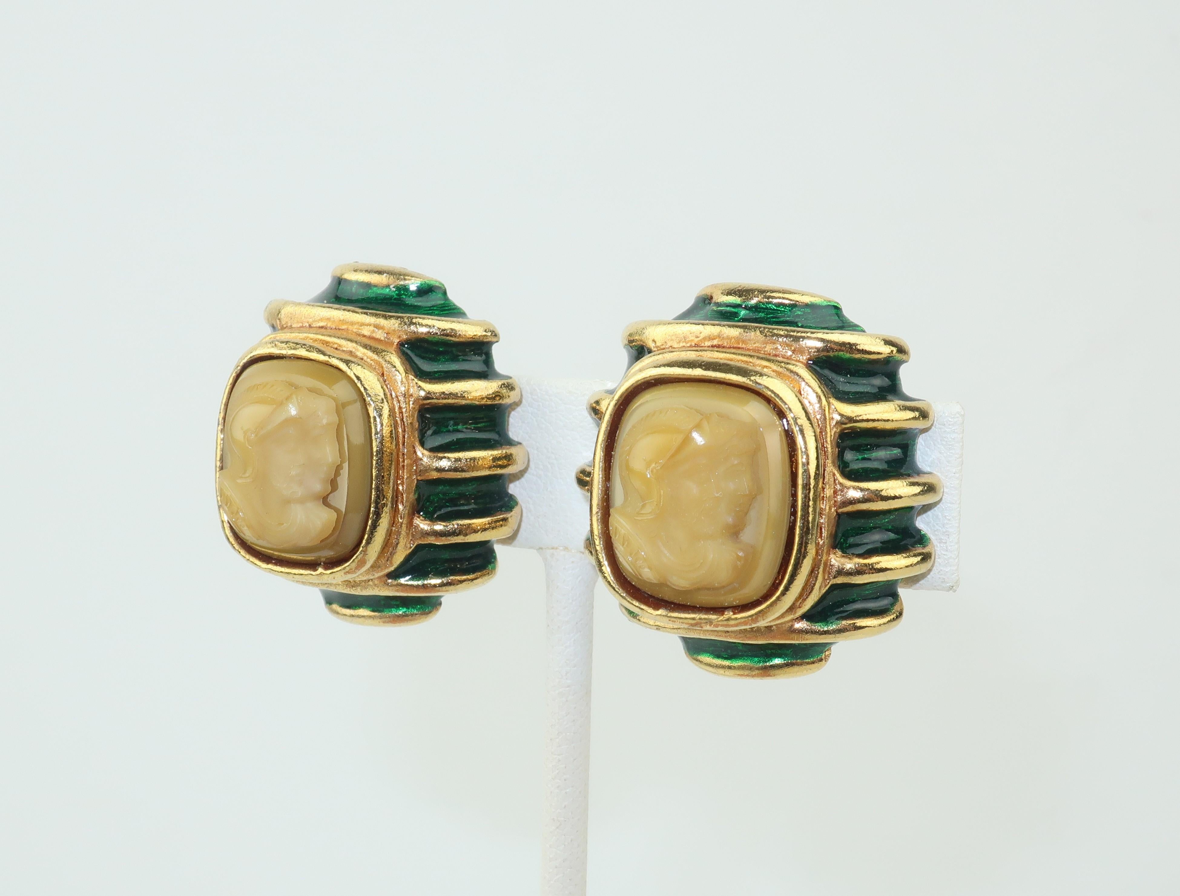Women's Lazaro NY Neoclassical Gold Green Enamel & Cameo Earrings