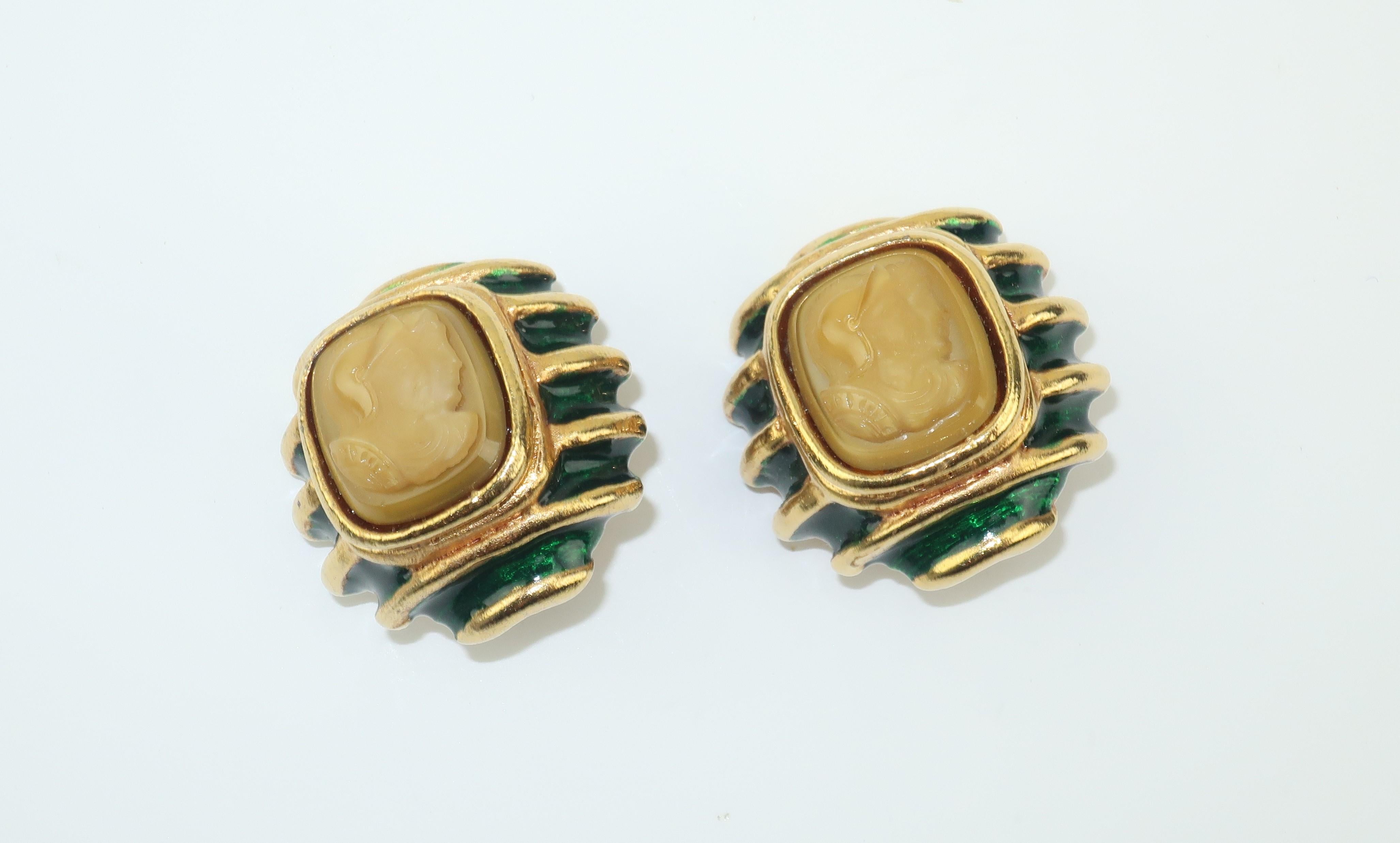 Lazaro NY Neoclassical Gold Green Enamel & Cameo Earrings 2