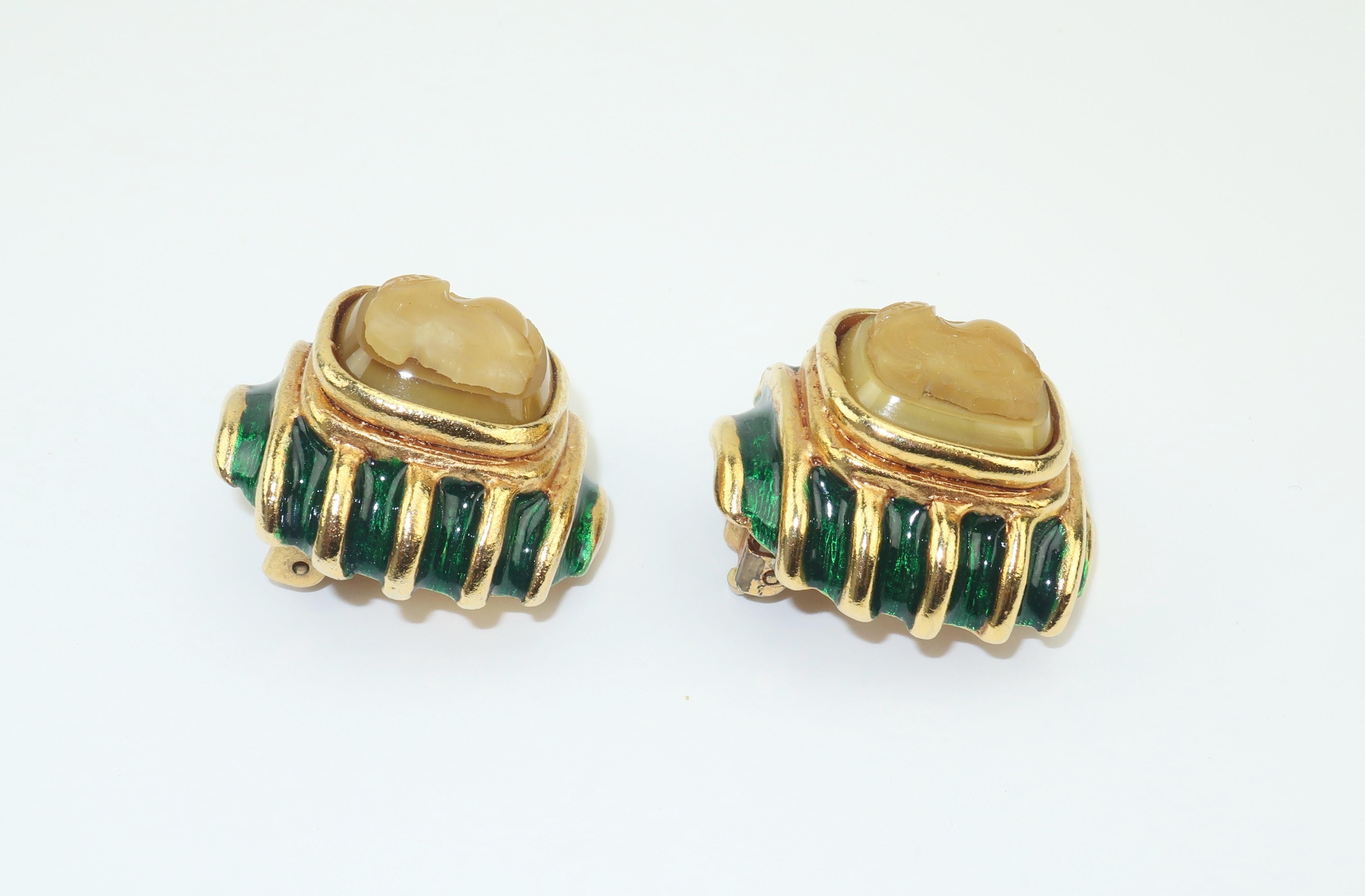 Lazaro NY Neoclassical Gold Green Enamel & Cameo Earrings 3
