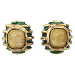 Retro Lazaro NY Neoclassical Gold Green Enamel & Cameo Earrings