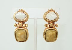 Lazaro NY Neoclassical Gold Tone Scarab & Cameo Earrings
