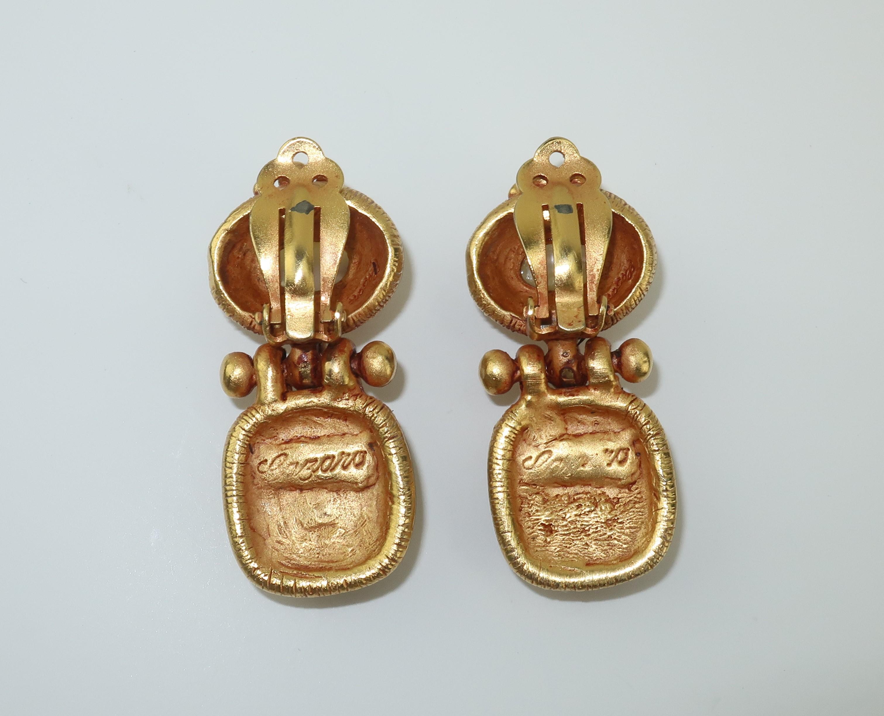 Lazaro NY Neoclassical Gold Tone Scarab & Cameo Earrings 4