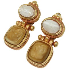 Vintage Lazaro NY Neoclassical Gold Tone Scarab & Cameo Earrings