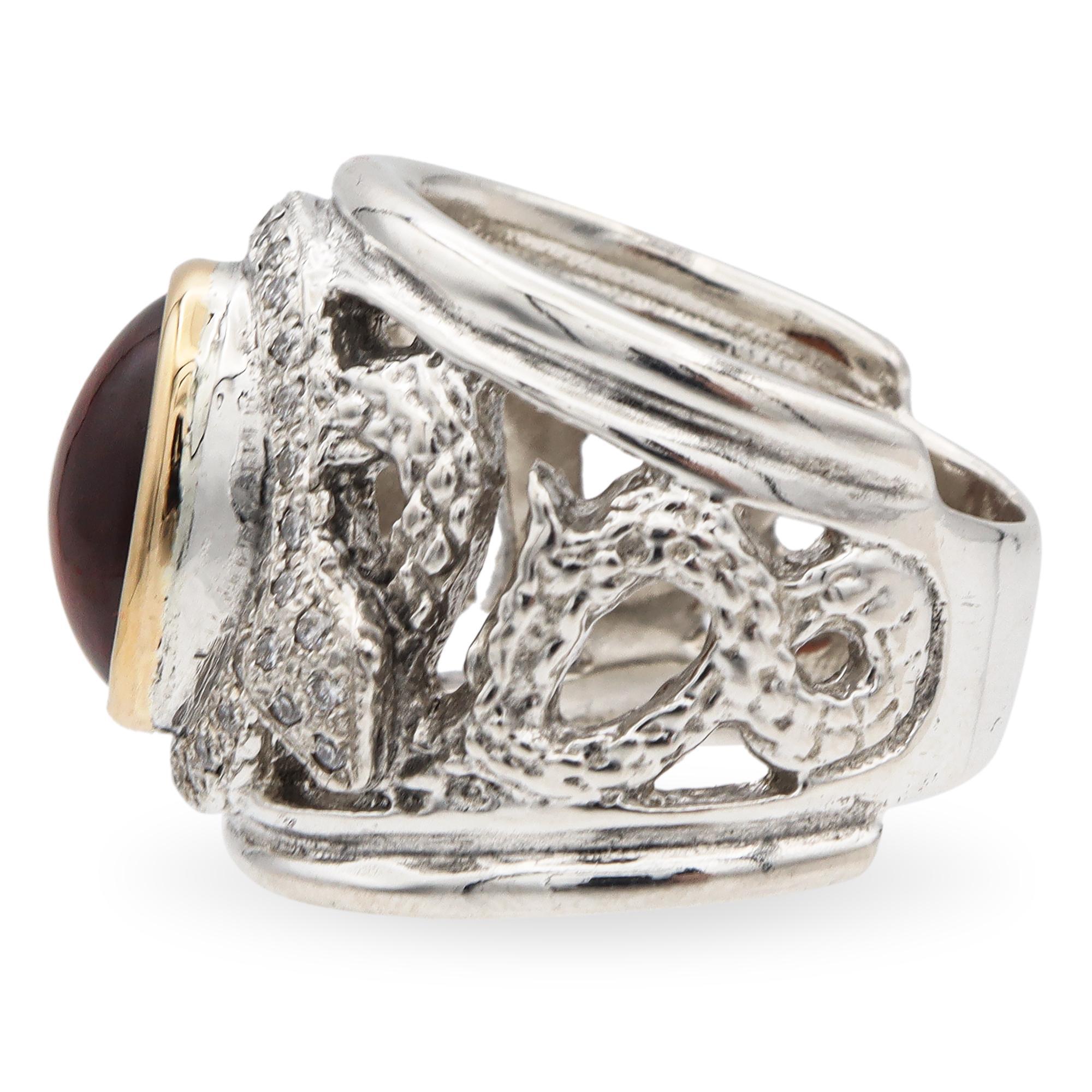 Cabochon Lazaro Sterling Silver 18K Yellow Gold Carnelian Diamond Serpent Wide Band Ring For Sale