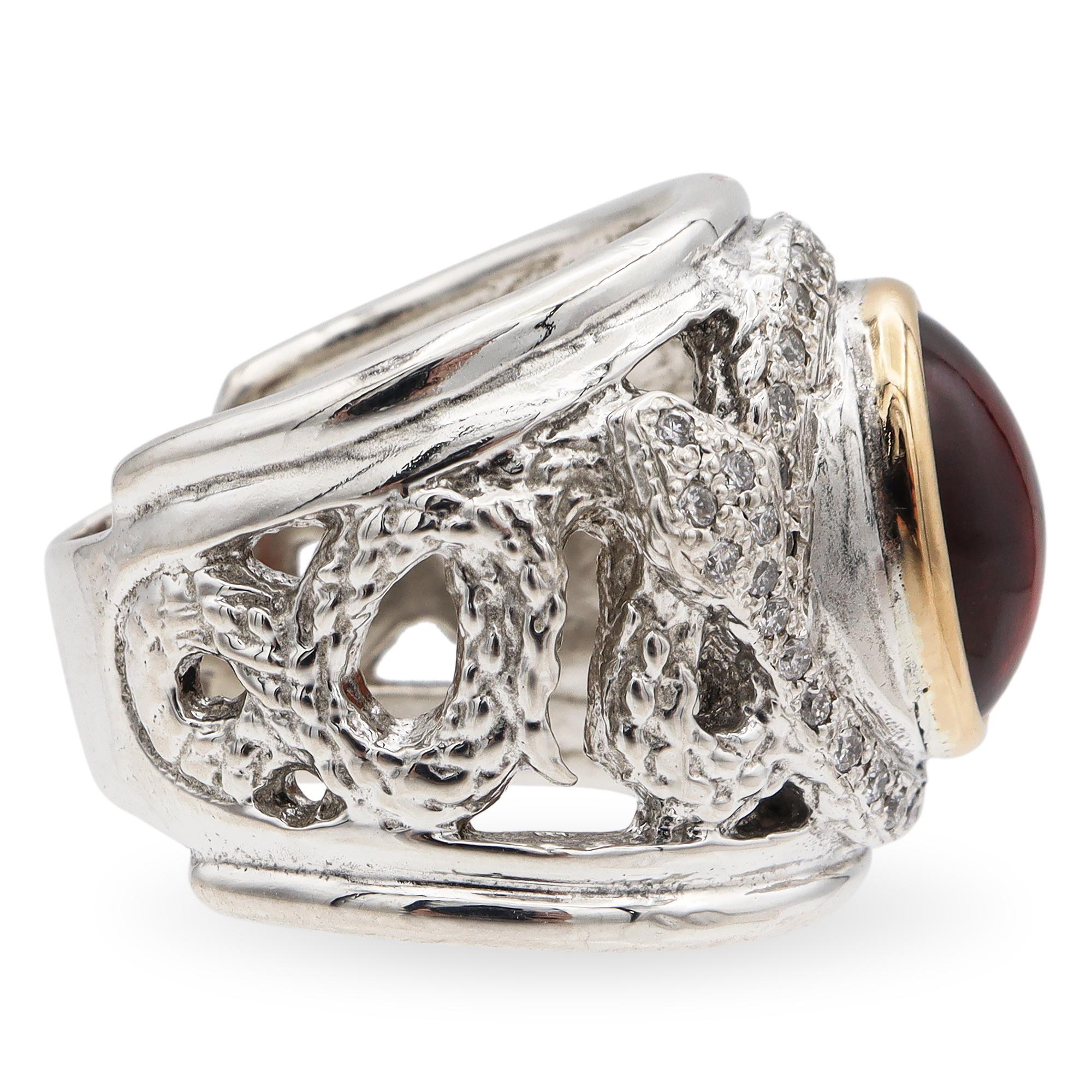Women's or Men's Lazaro Sterling Silver 18K Yellow Gold Carnelian Diamond Serpent Wide Band Ring For Sale