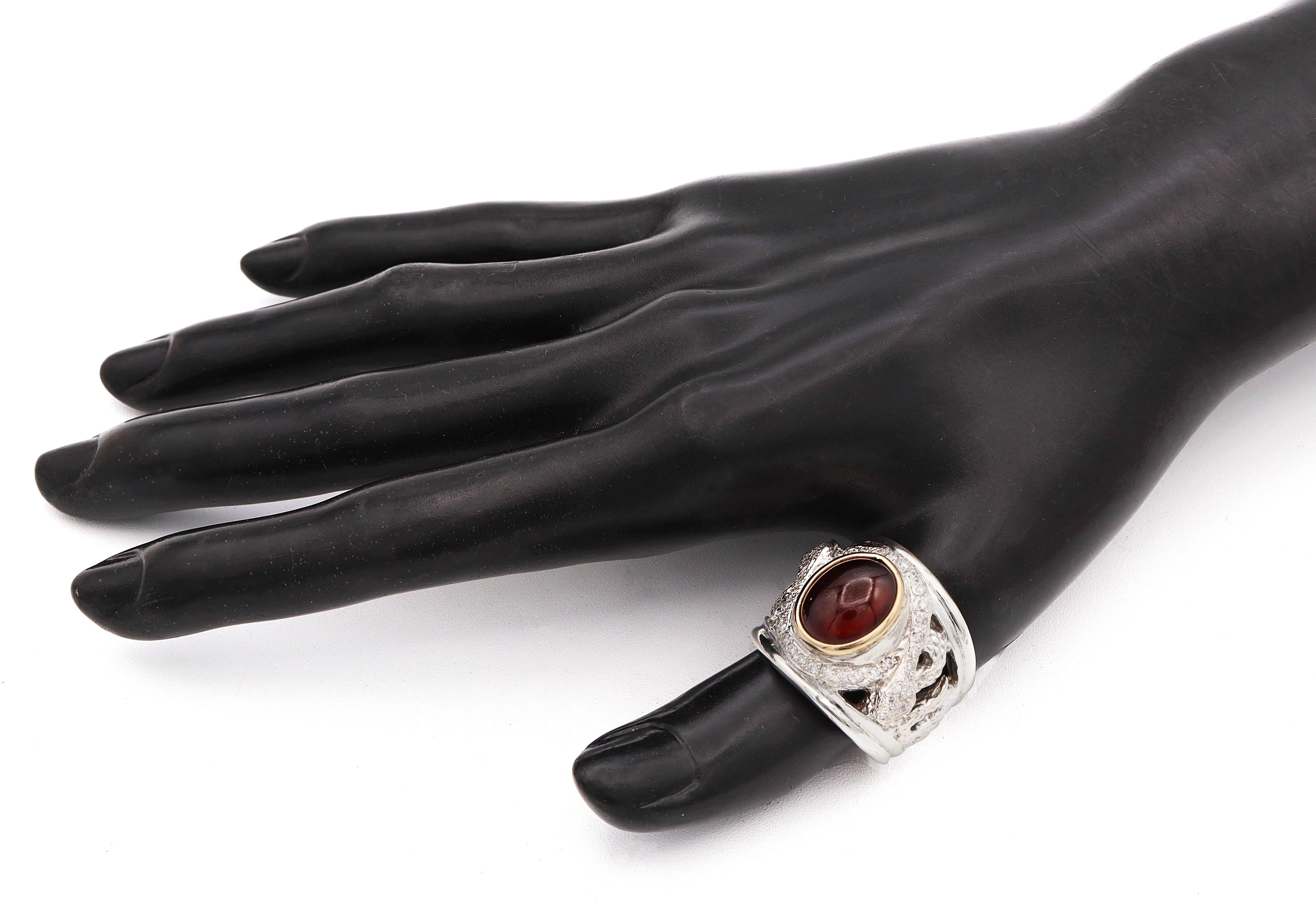 Lazaro Sterling Silver 18K Yellow Gold Carnelian Diamond Serpent Wide Band Ring For Sale 4