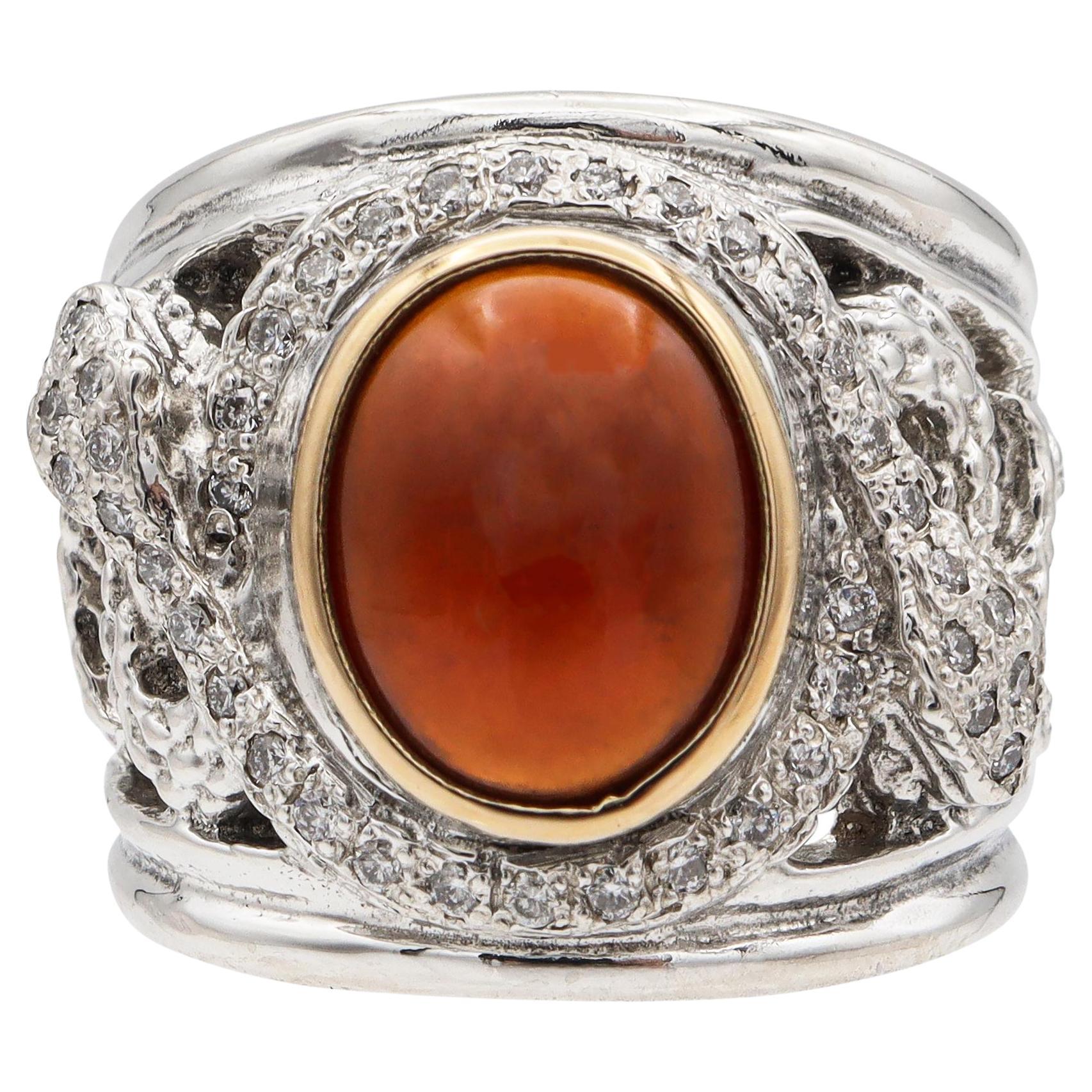Lazaro Sterling Silver 18K Yellow Gold Carnelian Diamond Serpent Wide Band Ring