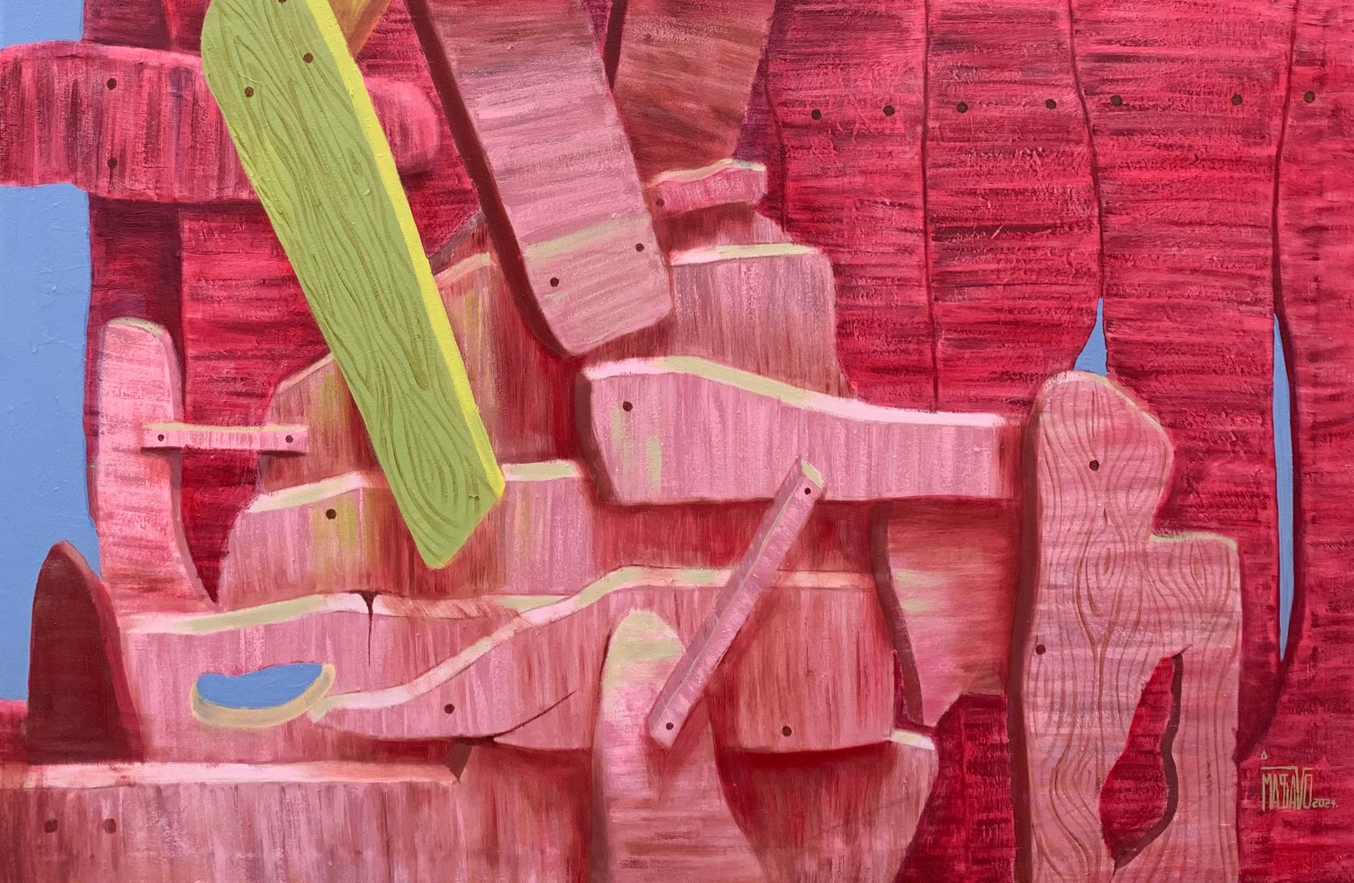 Mademoiselle - 21st Century, Contemporary, Abstract, Woods, Architectural - Pink Landscape Painting by Lazarus Massavo