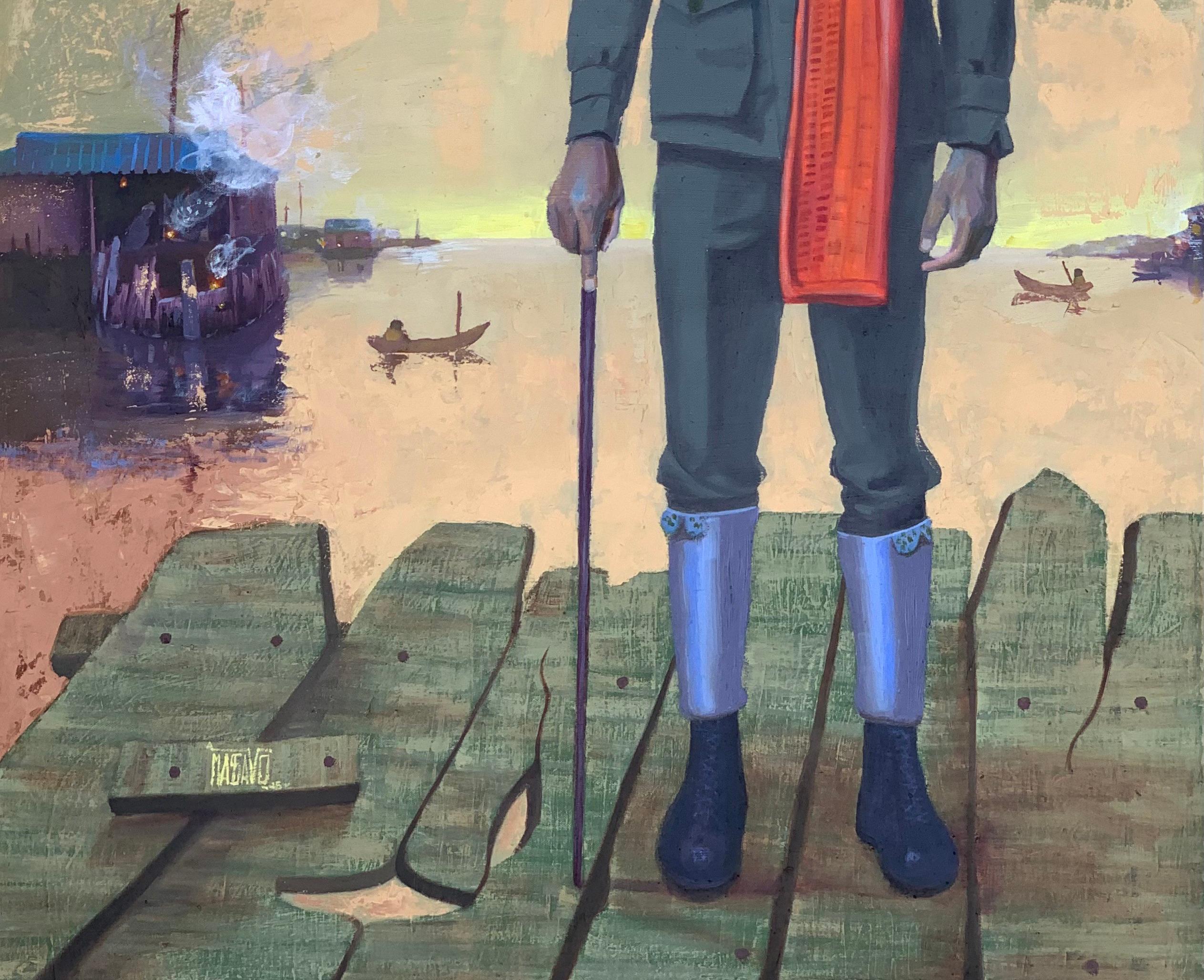 Solidarity - 21st Century, Contemporary, Figurative Portrait, Surrealism, Africa - Brown Landscape Painting by Lazarus Massavo